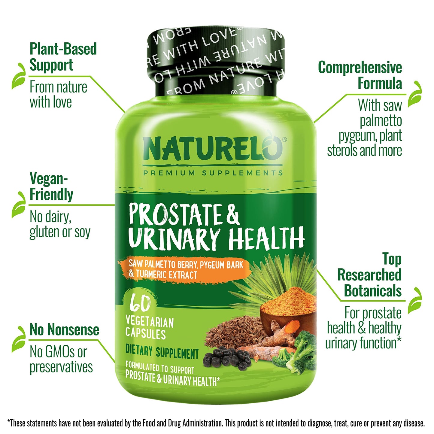 NATURELO Prostate & Urinary Health Comprehensive Formula with Saw Palmetto, Pygeum, Turmeric, Plant Sterols, Broccoli and Lycopene, 60 Vegetarian Capsules