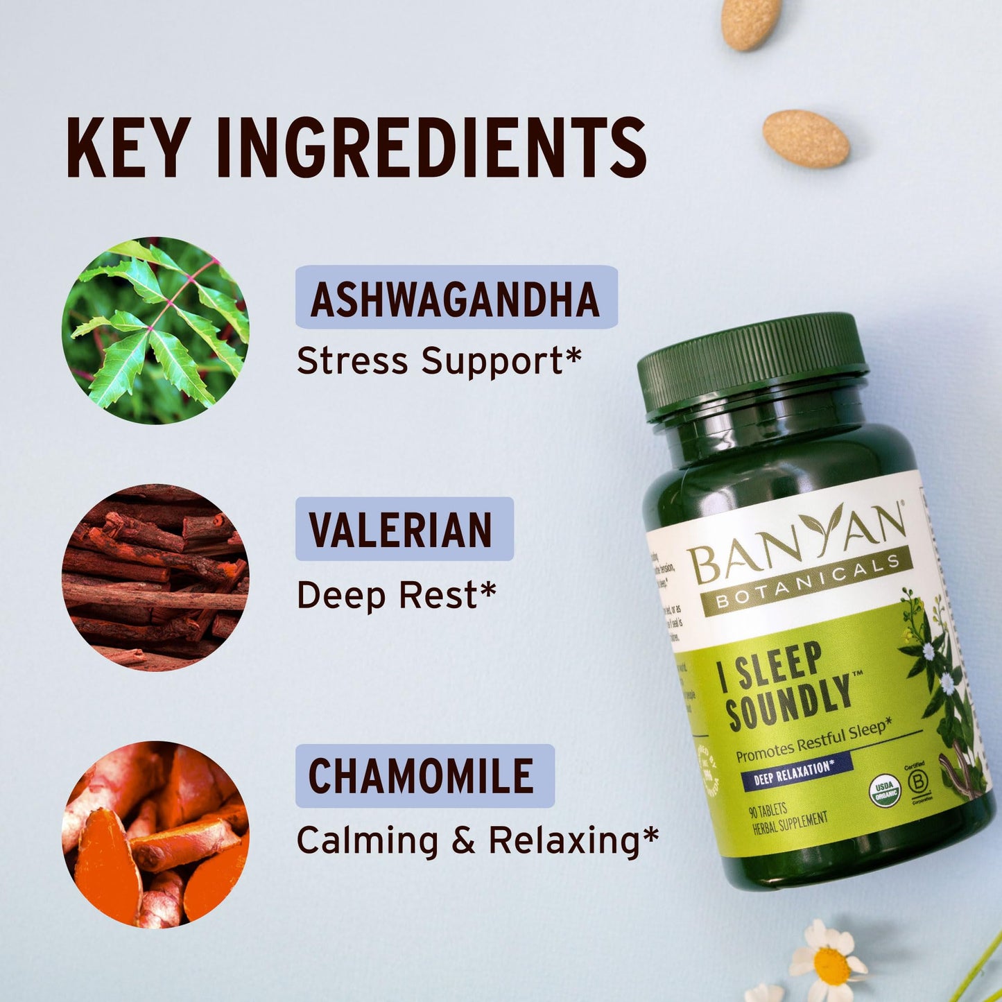 Banyan Botanicals I Sleep Soundly Organic Deep Sleep Supplement with Ashwagandha, Valerian & Chamomile, 90 Tablets