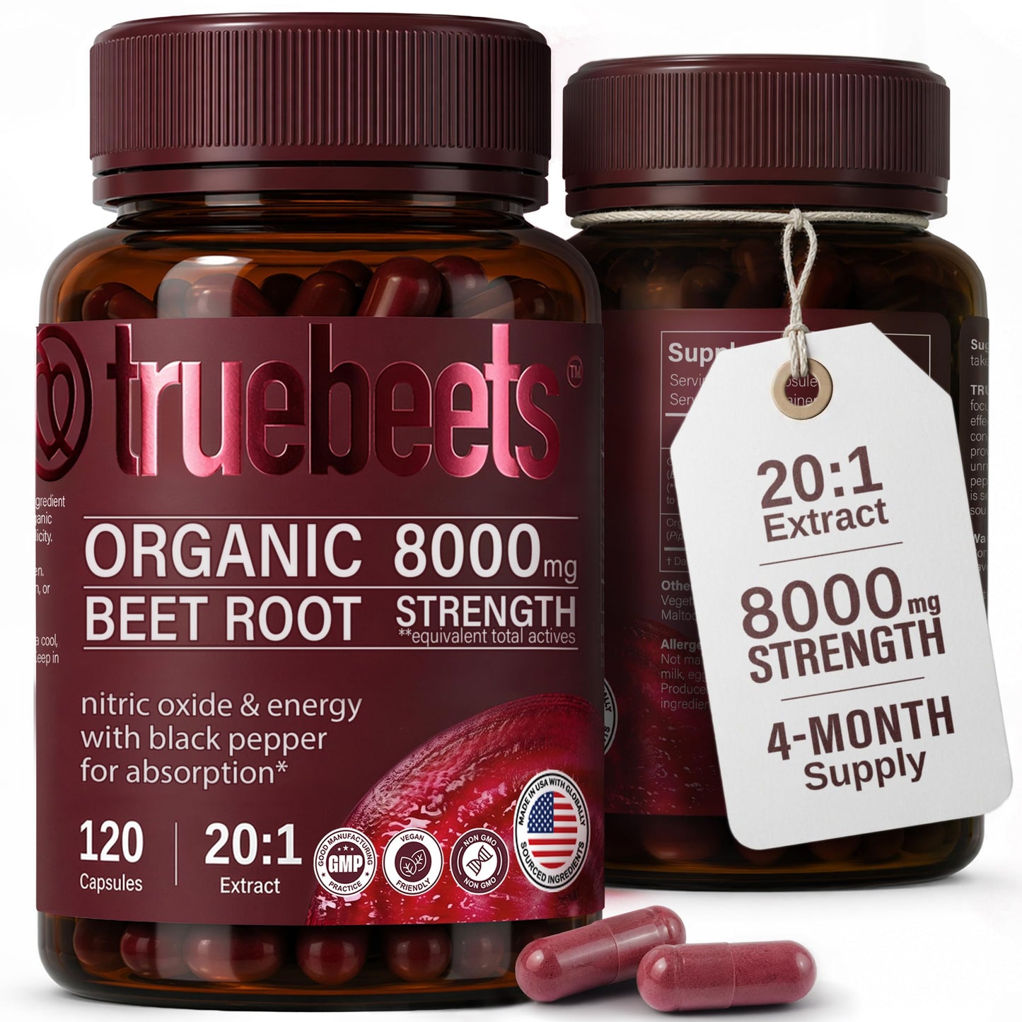 TRUE BEETS Organic Beet Root Capsules, 120 Capsules
