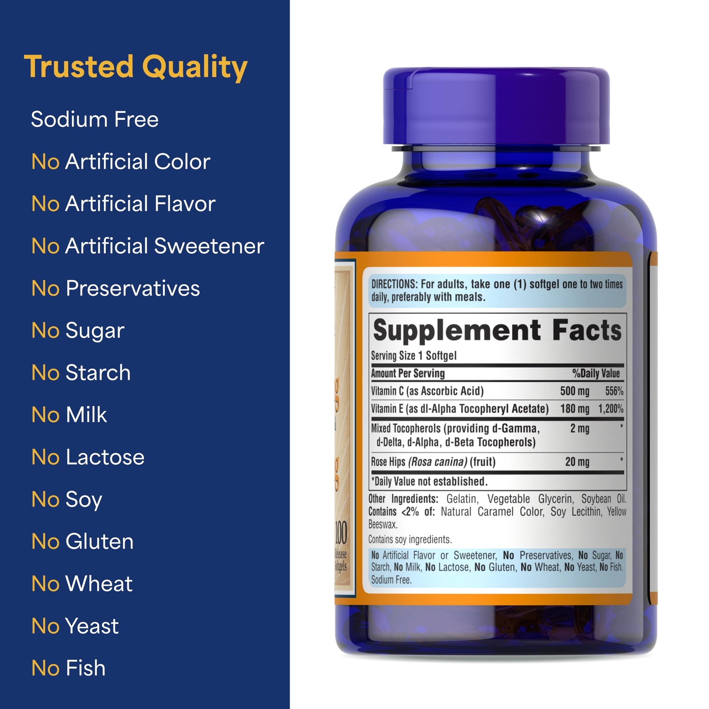 Puritan's Pride Premium Vitamin C-500mg with Rose Hips and Vitamin E-400 Softgels, 100 Count