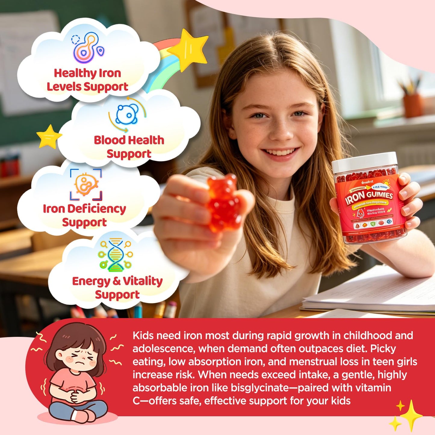 duwhot Iron Gummies for Kids Teens, Gentle Iron Bisglycinate with Vitamin C Gummy 120