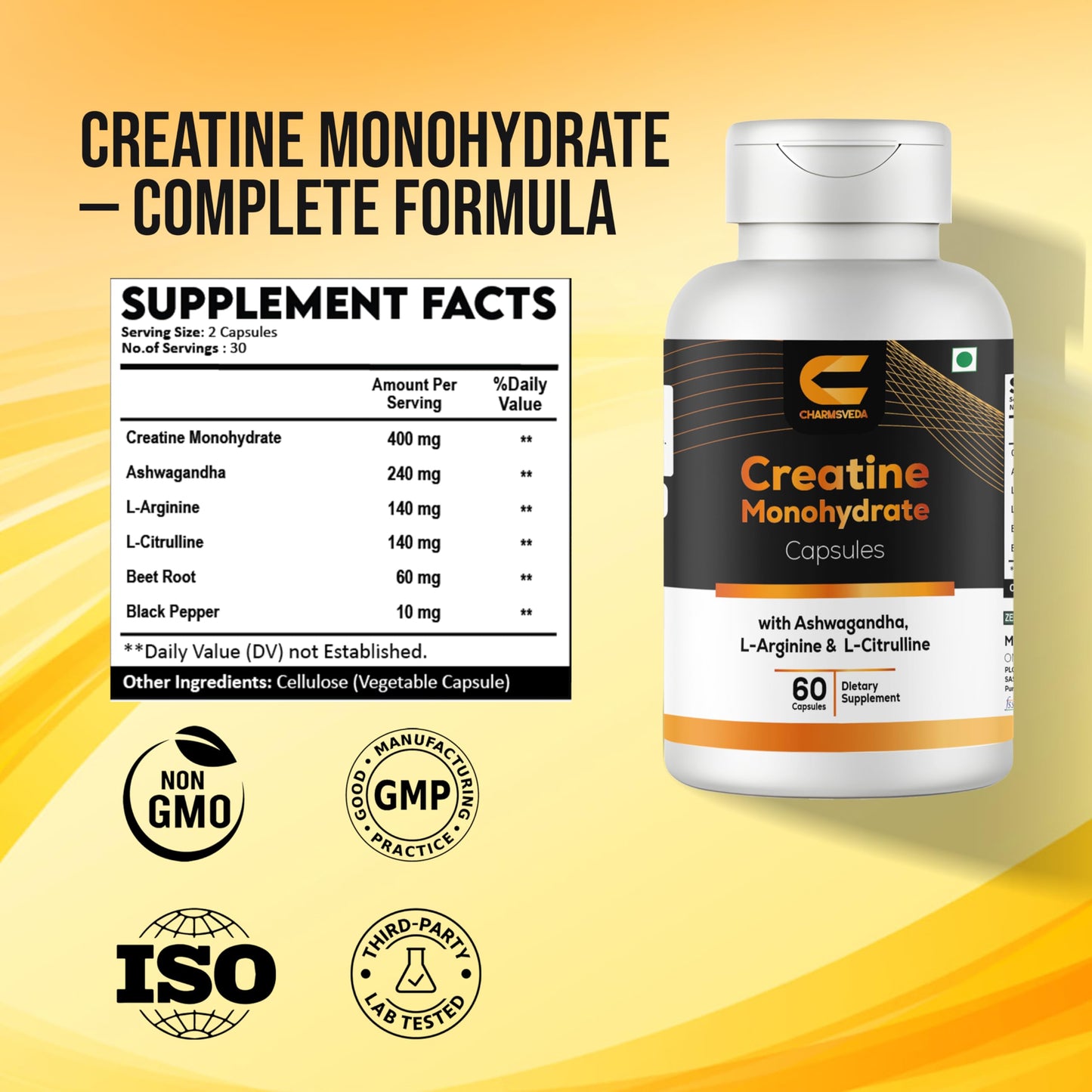 CHARMSVEDA Creatine Monohydrate with Ashwagandha, L-Arginine & L-Citrulline, 60 Capsules