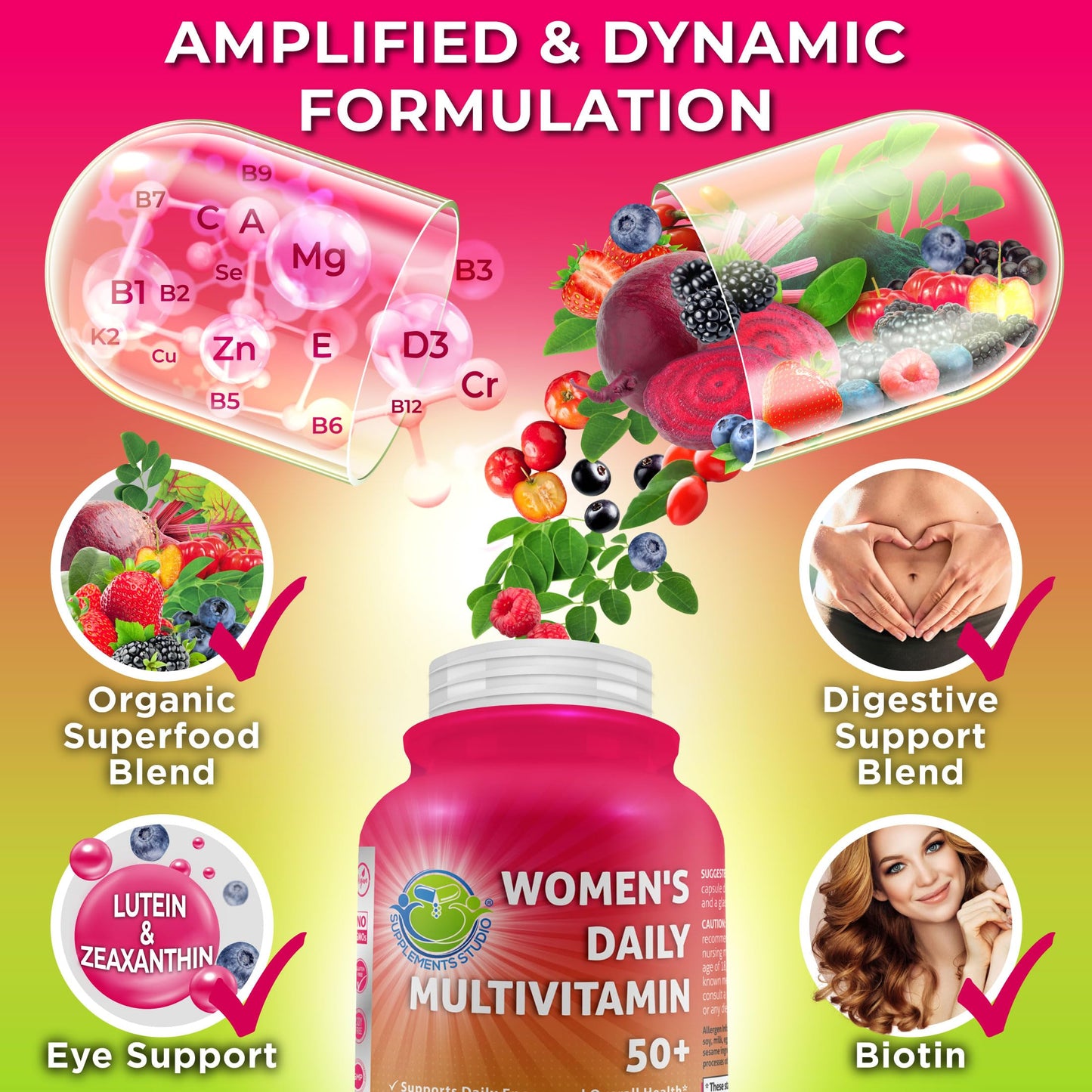 SUPPLEMENTS STUDIO Women's Daily Multivitamin 50 Plus - Vegan Methylated Multivitamin for Women 50 and Over with Biotin, Organic Superfoods & Lutein - Eye, Energy, Gut & Optimal Health Support - Easy to Swallow Capsules 60 Capsules