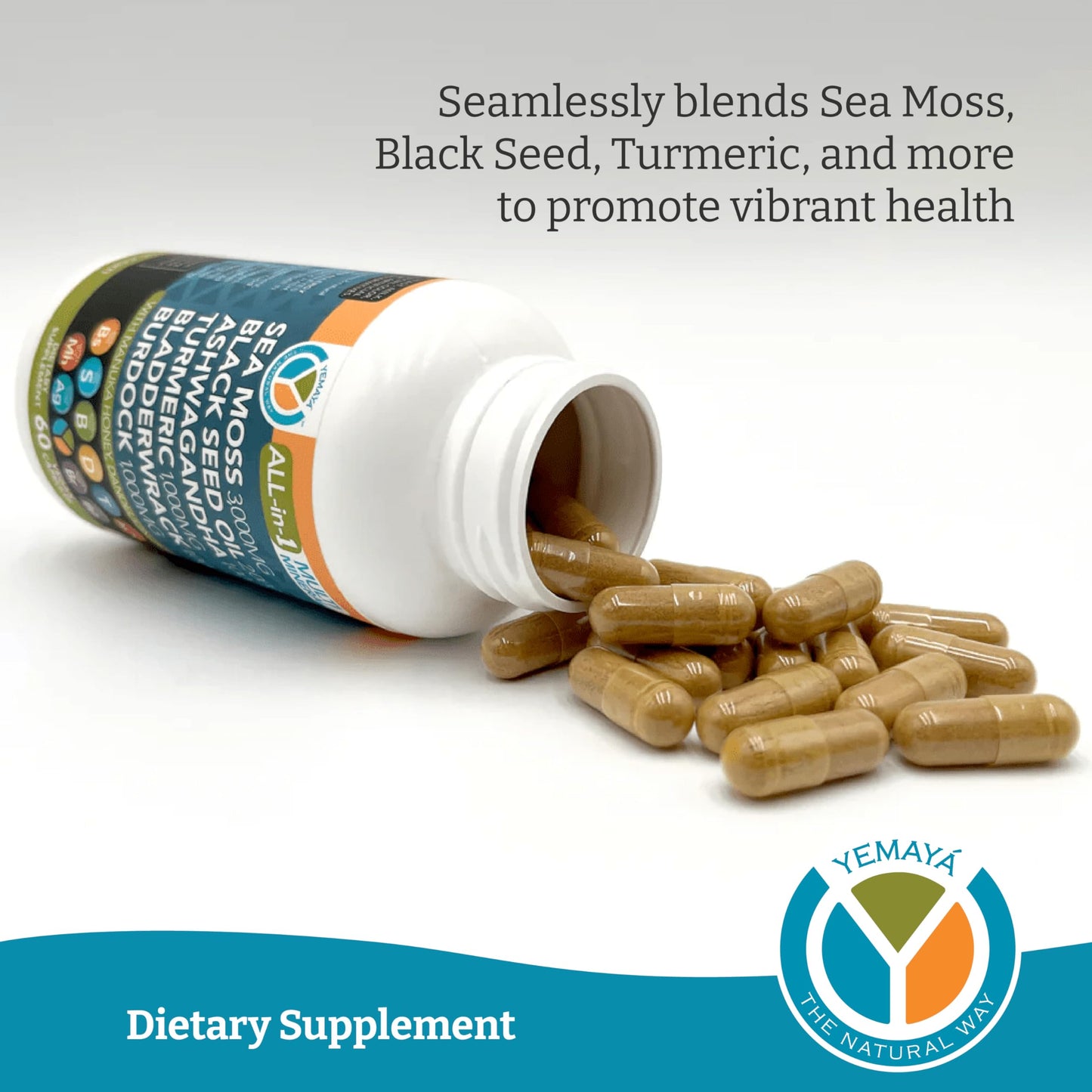 Yemaya The Natural Way All-in-1 Multi Mineral Sea Moss Raw Organic Supplement, 60 Capsules