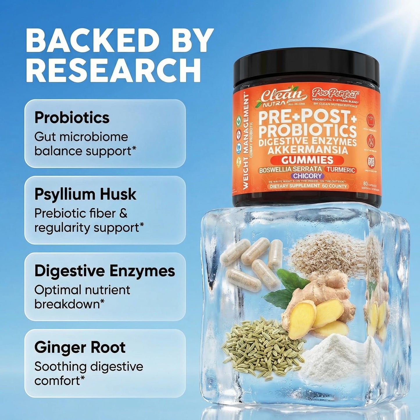 Clean Nutraceuticals Prebiotic Postbiotic Digestive Enzymes Gummy, 60 Count