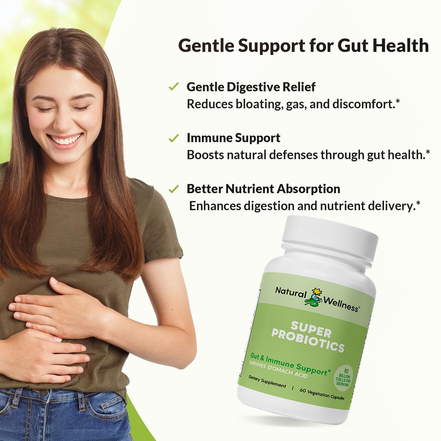 Natural Wellness Super Probiotic + Prebiotic Blend – 10 Billion CFUs with 8 Strains – Probiotics for Digestive Health, Gut Balance & Immune Support – Non-GMO, 60 Capsules