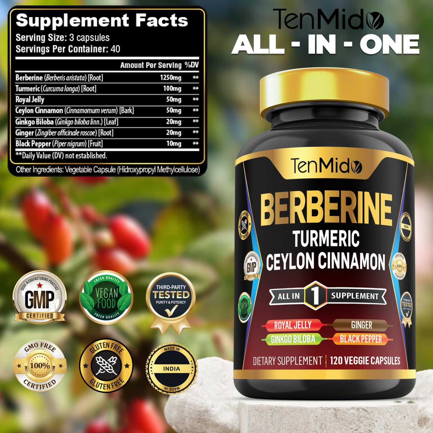 Tenmido Berberine Supplement 7in1 Formula with Turmeric, Royal Jelly, Ceylon Cinnamon, Ginkgo Biloba, Ginger & Black Pepper, Digestive Health & Immune Support, 120 Capsules