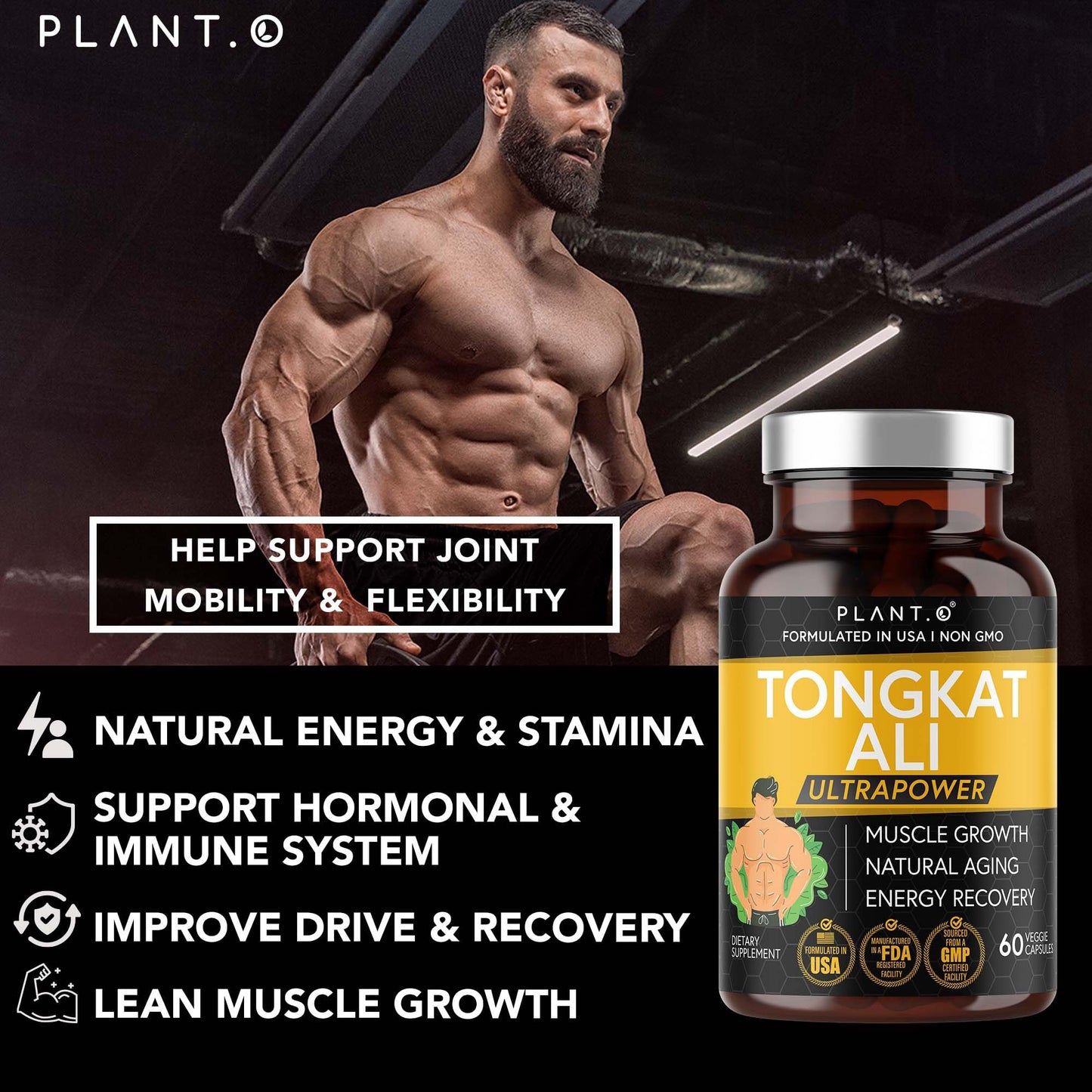 PLANT.O NUTRITION Tongkat Ali Ultrapower Longjack Extract Supplement for Stamina, Strength, Endurance, Lean Muscle Growth & Recovery Men's Pre Workout Supplement Capsule, 60 Count