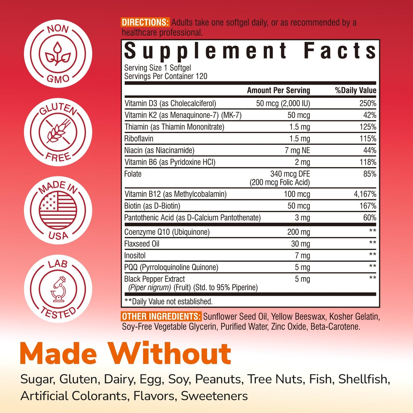 Vitalibre CoQ10 200mg, Ubiquinone with PQQ, Folate, Niacin, K2, D3, Black Pepper, High Absorption, Powerful Antioxidant, Energy Booster, Immune & Bone Support Softgels 120