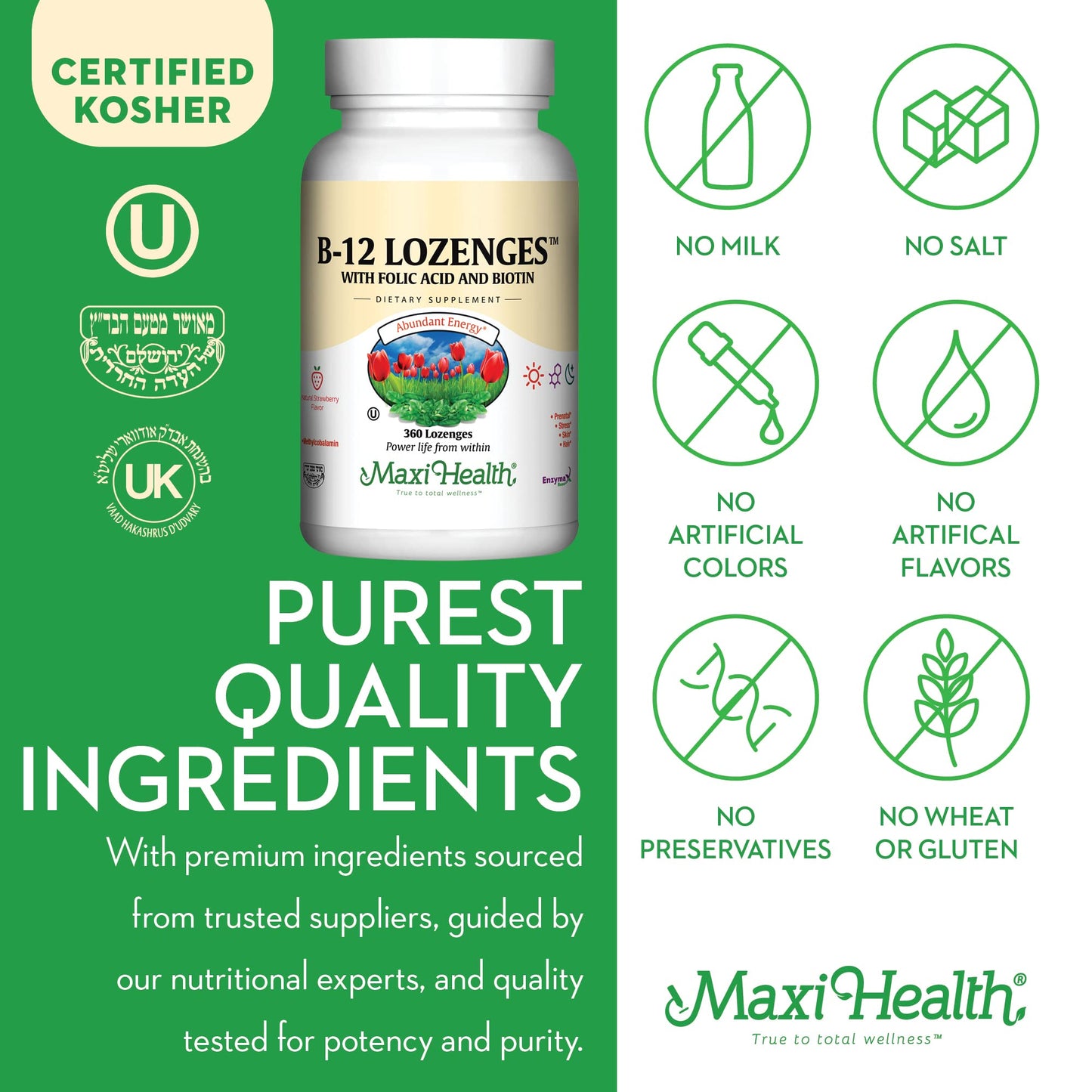 Maxi Health Vitamin B12 Lozenges with Folic Acid and Biotin - Strawberry Flavor - Vegetarian Kosher, 360 Count