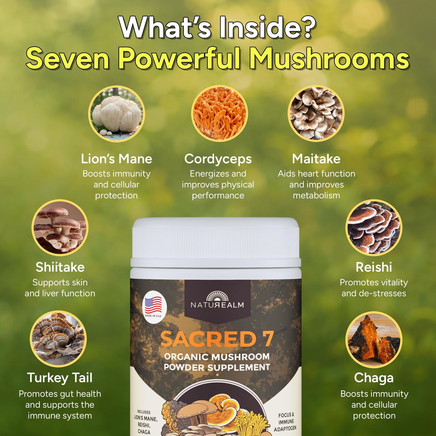 Naturealm Sacred 7 Organic Mushroom Powder Blend, Powder, 2.1 Ounce