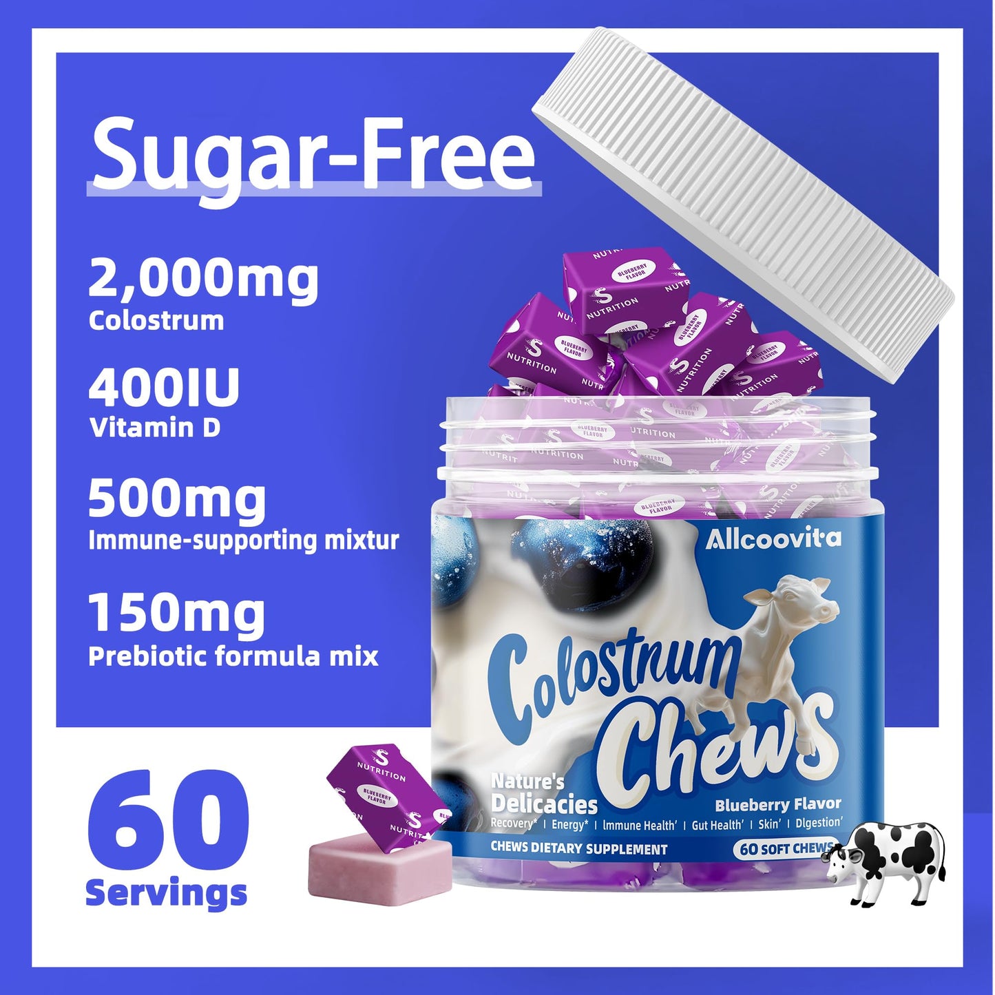 Allcoovita Bovine Colostrum Soft Chews, 60 Servings