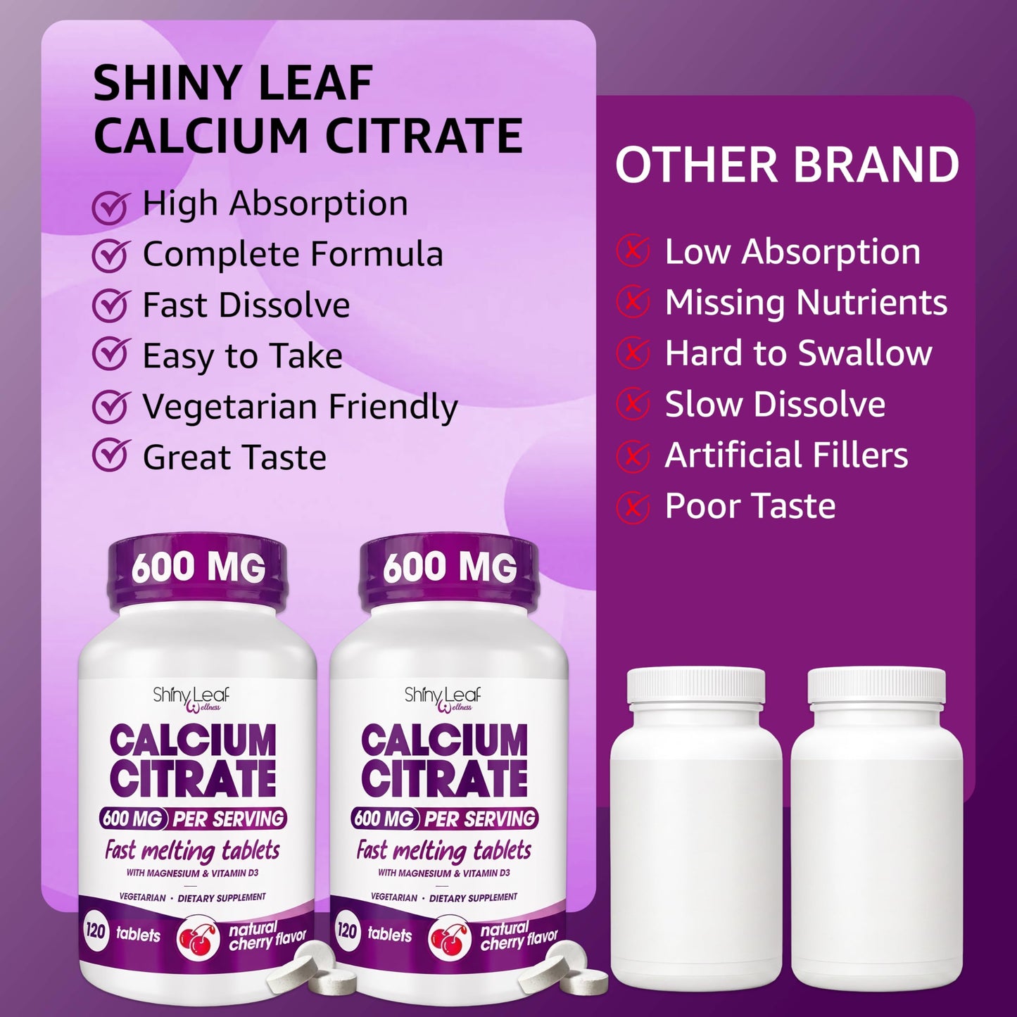 Shiny Leaf Calcium Citrate 600mg with Magnesium, Cherry Flavor, 240 Tablets
