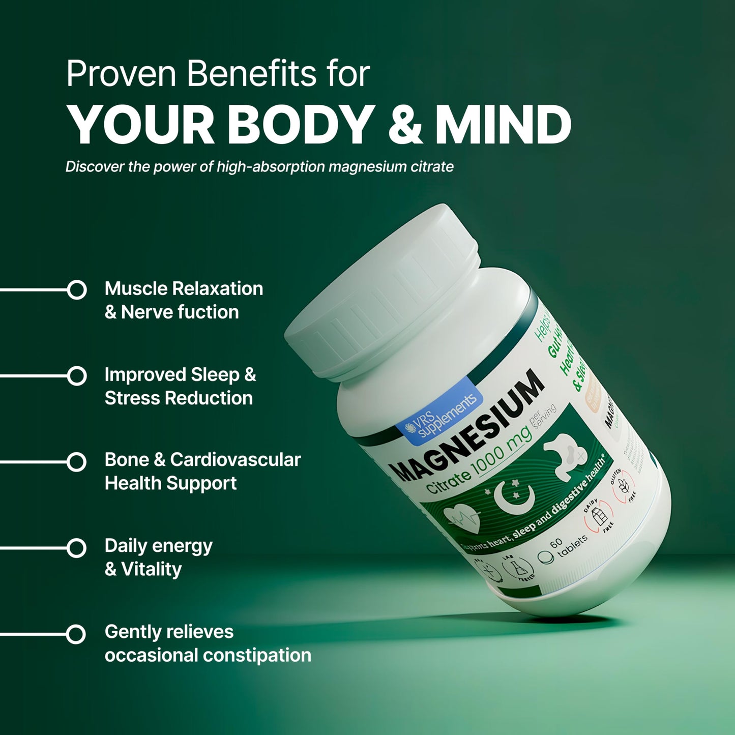 VRS SUPLEMENTS Magnesium Citrate 1000mg Tablets, 60 Tablets