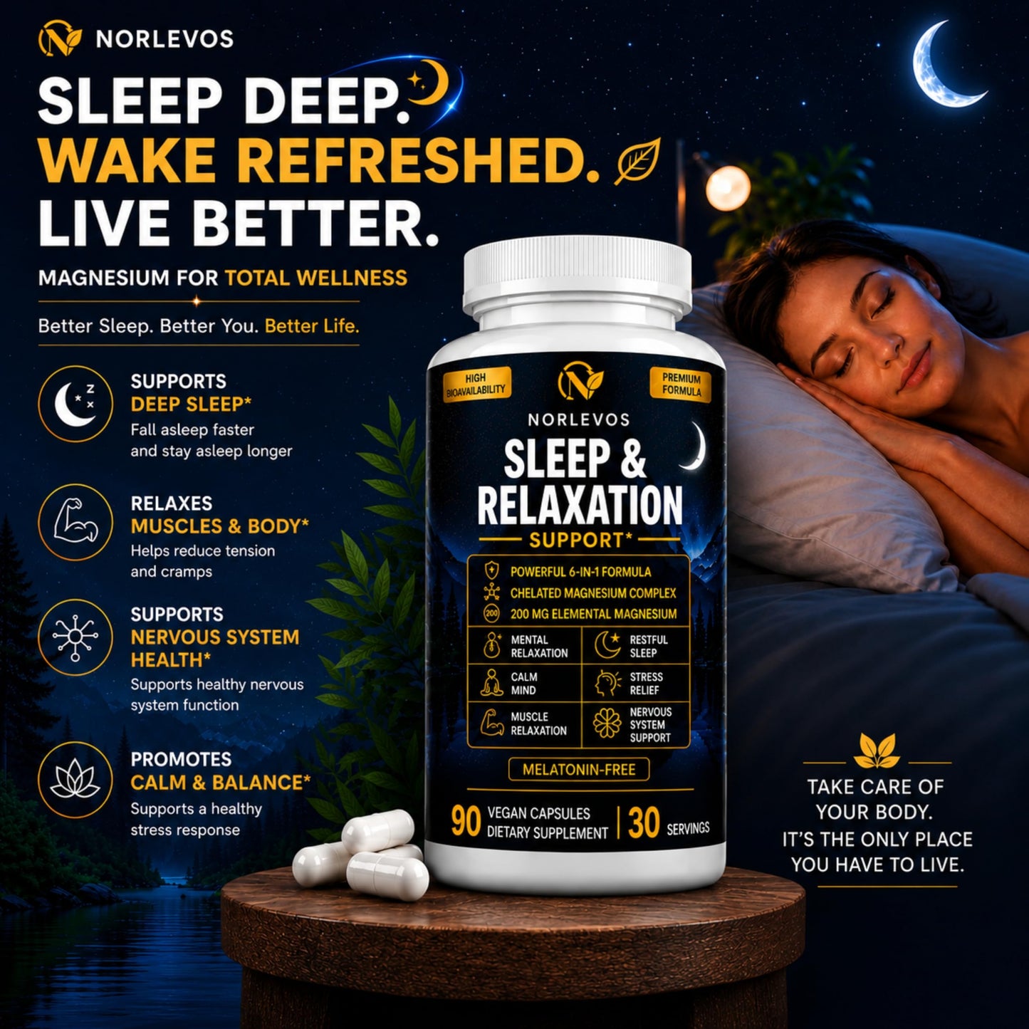 Norlevos Magnesium Sleep Aid Supplement Chelated 200 mg Elemental Magnesium Glycinate Complex with L-Theanine Calm & Relaxation Support Capsules, 90 Count