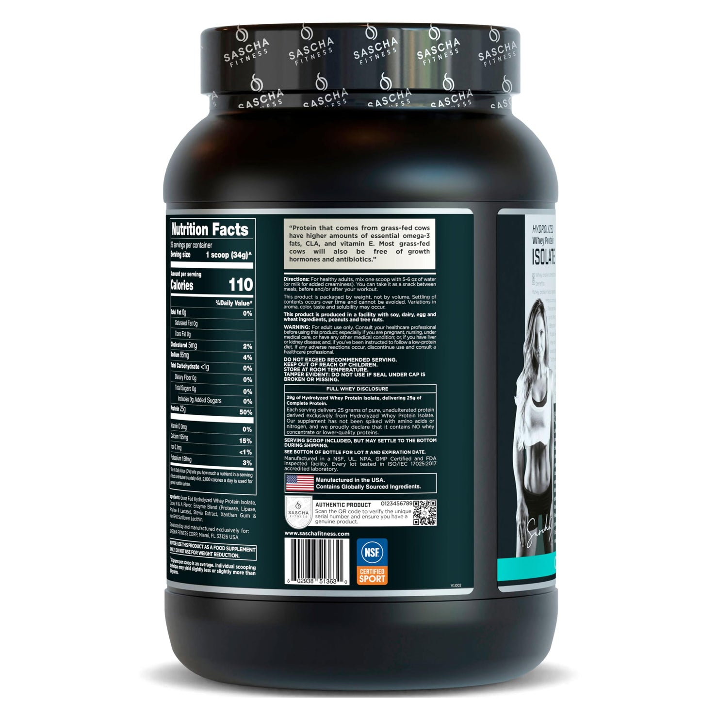 SASCHA FITNESS Hydrolyzed Whey Protein Isolate Powder, 100% Grass-Fed, Cookies & Cream, 2 Pounds