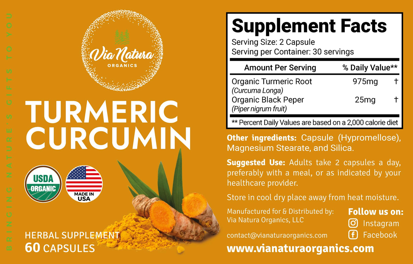 Via Natura Organics Turmeric Curcumin 1000mg Capsules, 60 Count