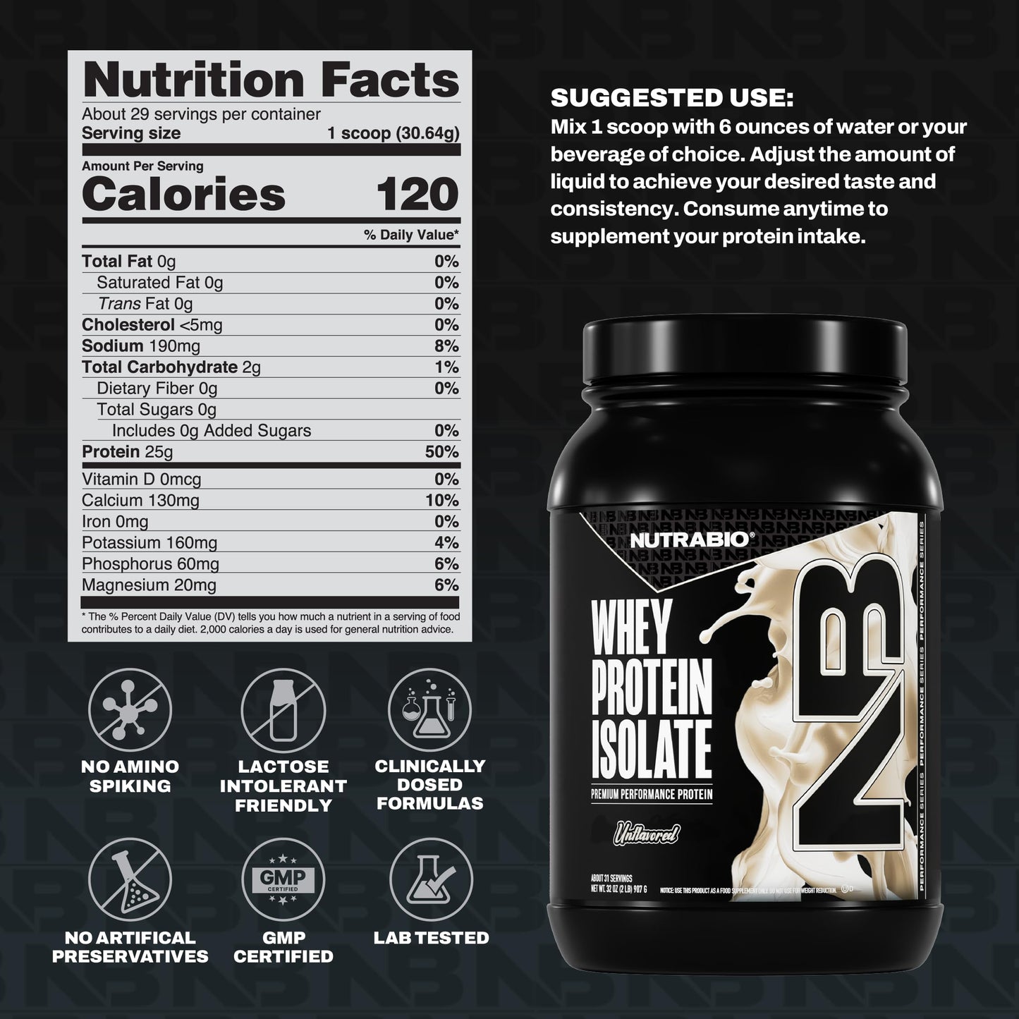 NutraBio 100% Whey Protein Isolate Powder, 32 Servings, 2 Lbs