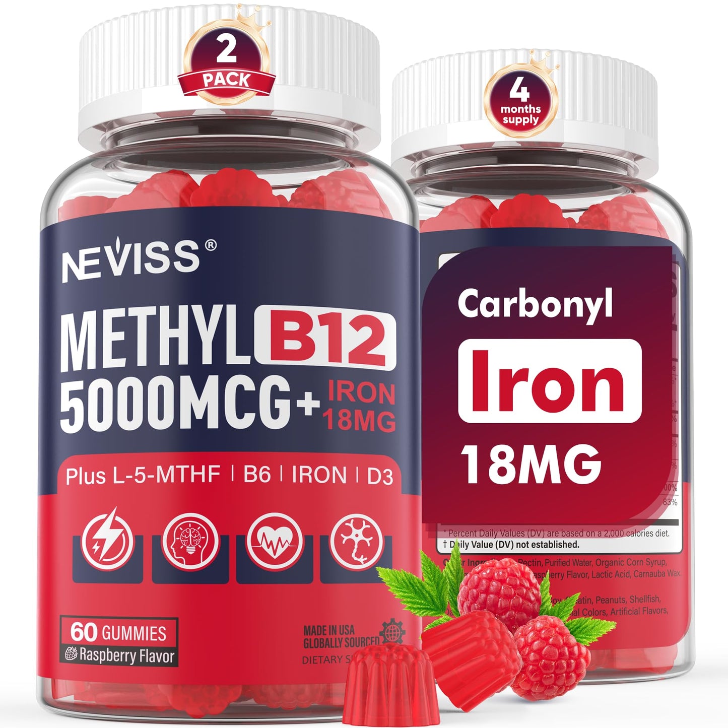 NEVISS Methylated B12 Gummies with L-Methylfolate, Iron, B6, D3 for Energy, Sugar Free, 120 Gummies