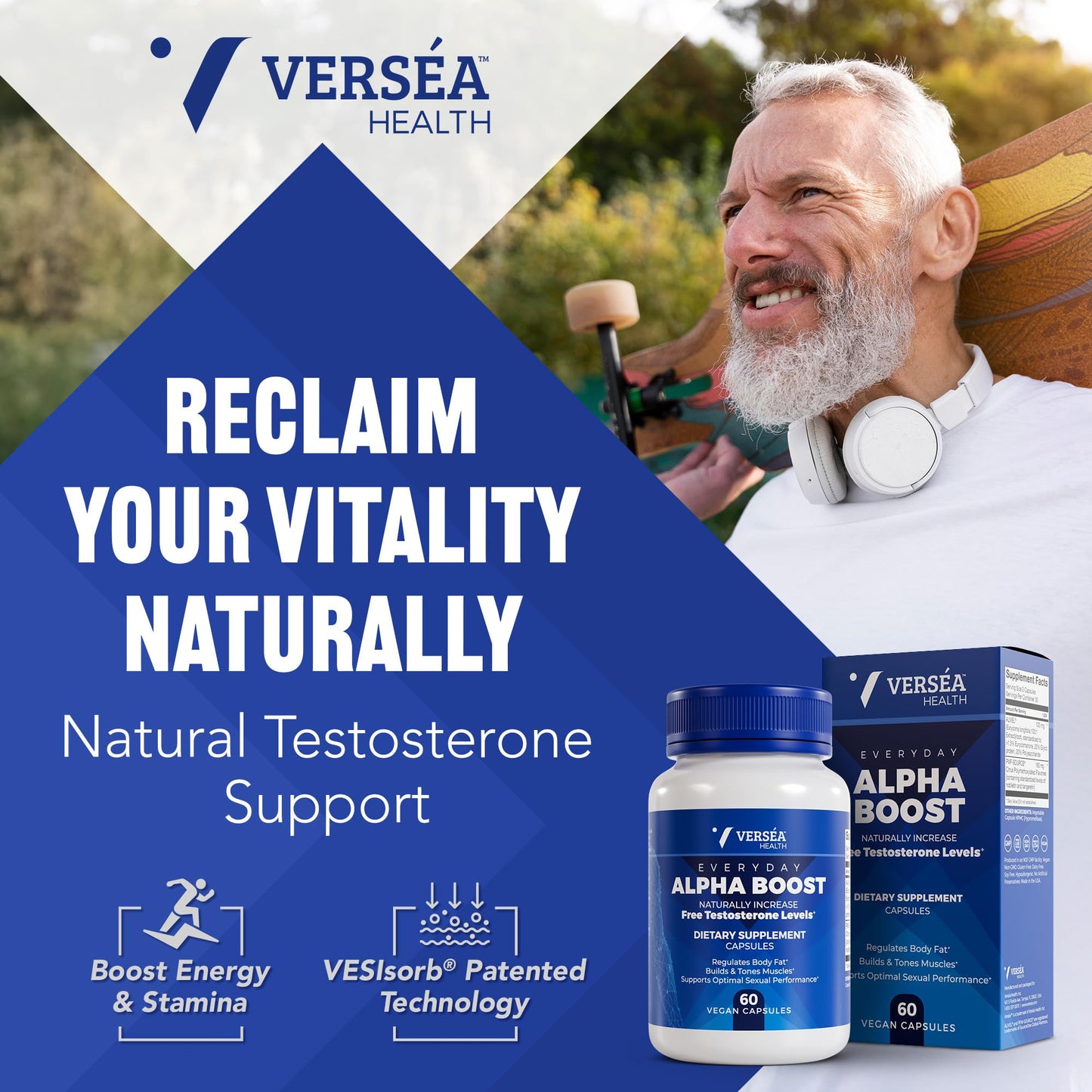 Verséa Alpha Boost – Natural Free Testosterone Support, Energy, Stamina, Endurance & Vitality for Men & Women, Multivitamin for Healthy Aging & Performance & Utilizes VESIsorb® Capsule, 60 Count