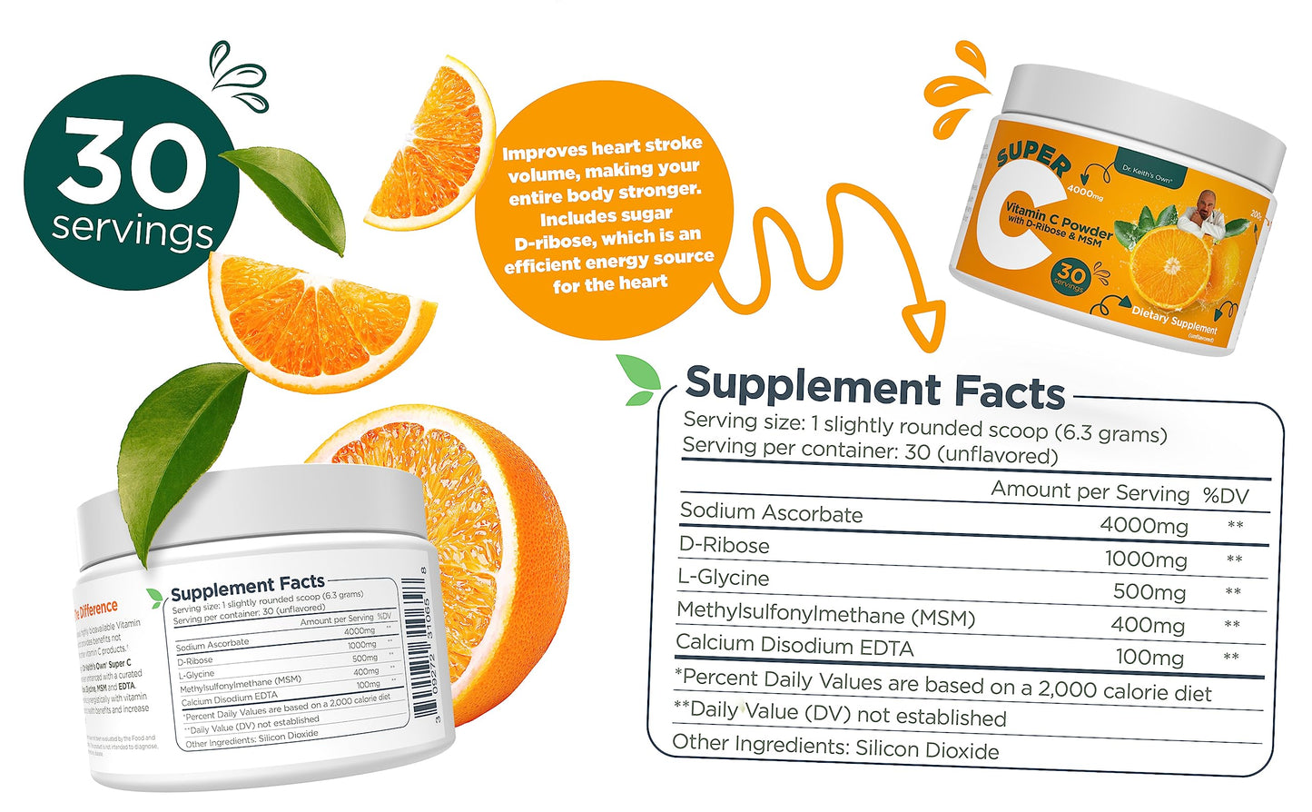 Dr. Keith's Own Buffered Vitamin C Powder 4000mg, Glycine & MSM 200g, 7.0548 oz
