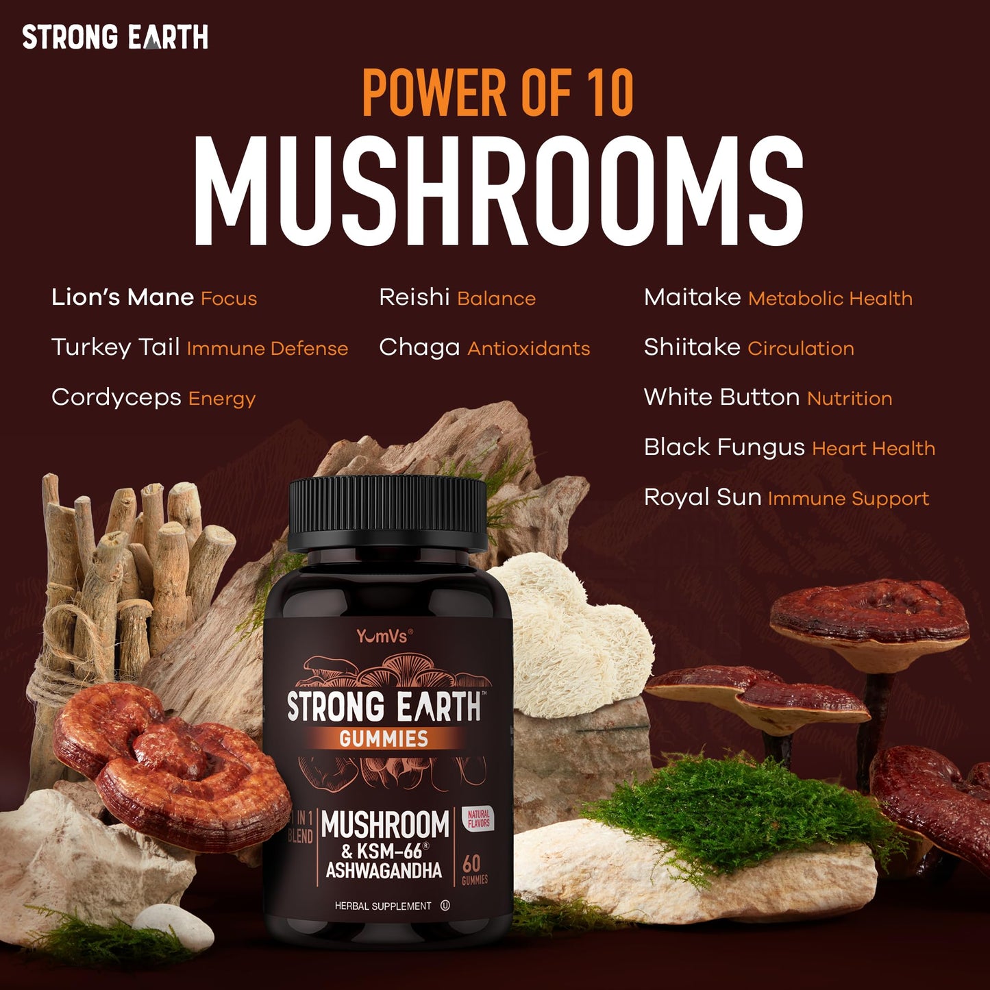 YUM-V'S Mushroom Gummies with Ashwagndha - 350mg 10-in-1 Mushroom Blend - Lions Mane, Cordyceps, Reishi, Chaga, Turkey Tail, Maitake, Shiitake - Gelatin Free, Vegetarian - 60 Count