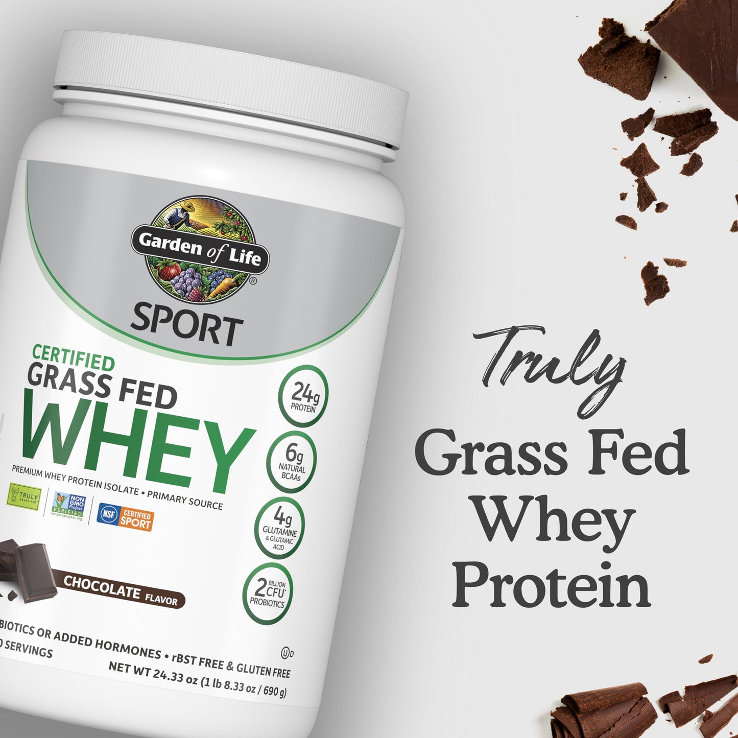 Garden of Life SPORT Grass Fed Whey Protein Powder, 24g Whey Protein Isolate, for Women & Men, with Probiotics & Glutamine, Non-GMO, Gluten-Free, Cold-Processed, Chocolate Flavor, 20 Servings