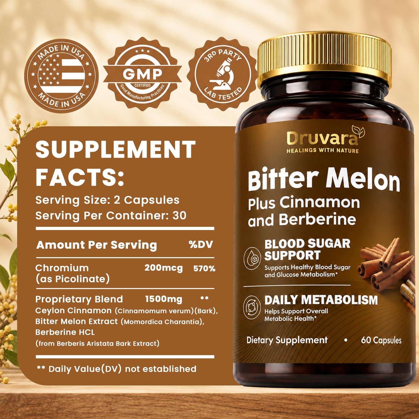 Druvara Bitter Melon Capsules with Berberine & Cinnamon, 60 Capsules