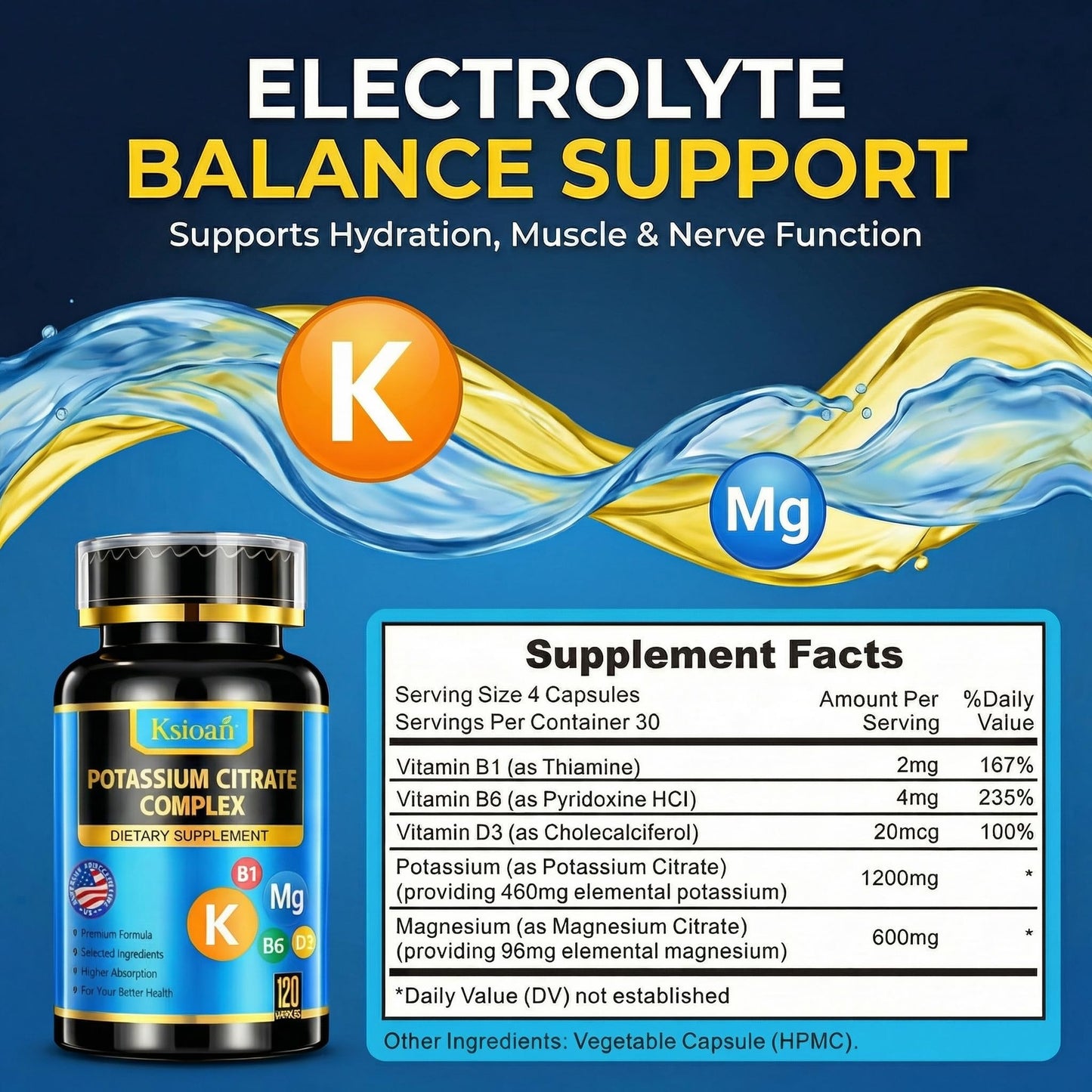Ksioan Potassium Magnesium Supplement – Electrolyte Balance Support Capsule, 120 Capsules