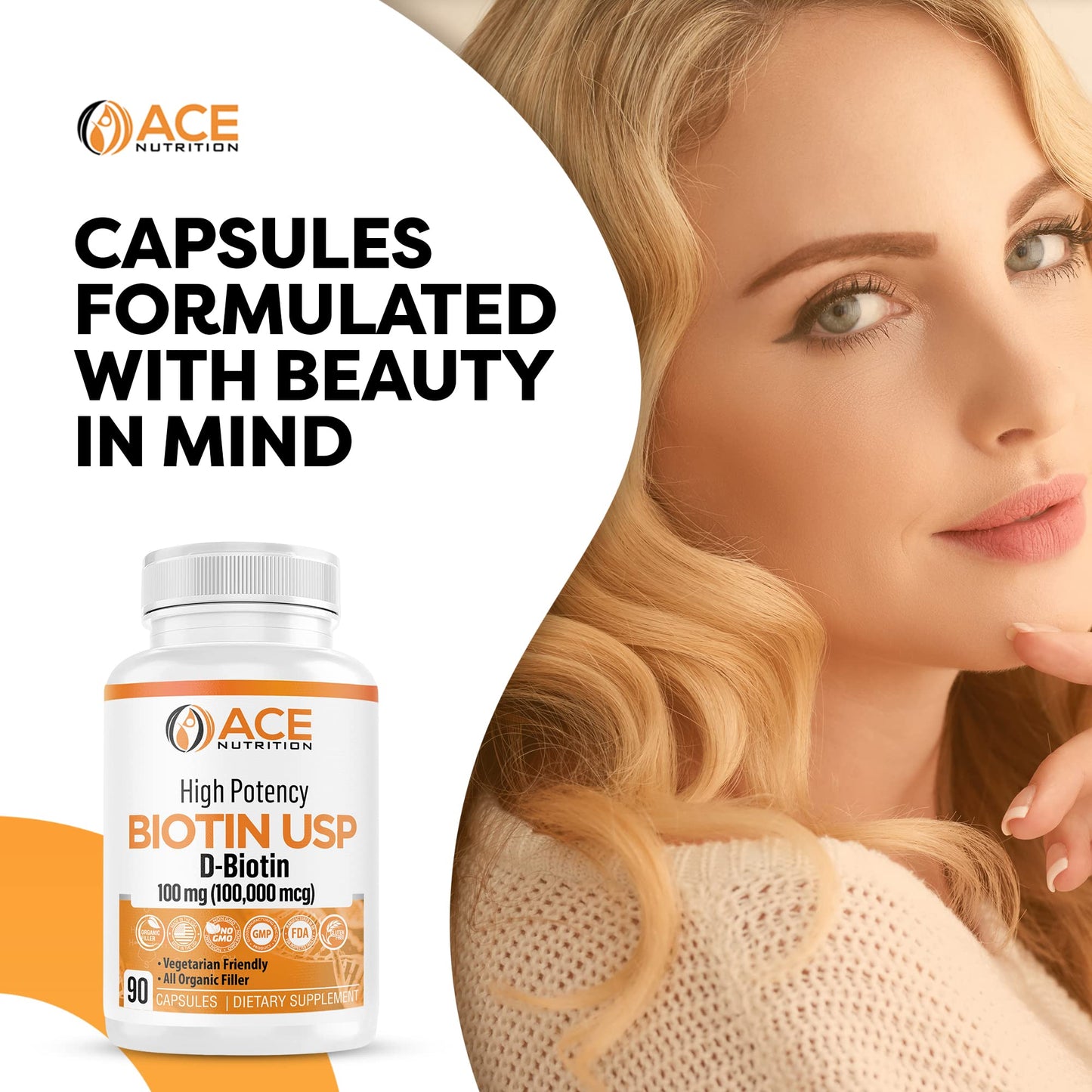 Ace Nutrition High Potency Biotin USP (D-Biotin 100,000mcg) - Vegetarian Capsules, 30 Count
