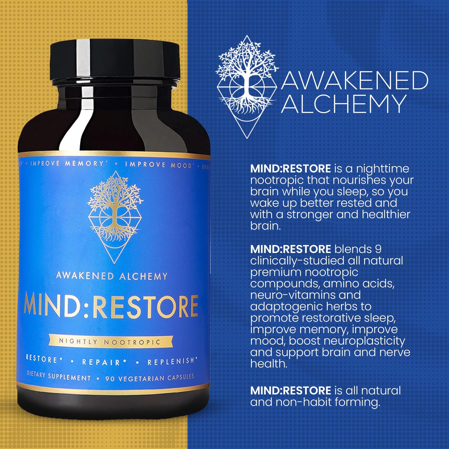 Awakened Alchemy MIND:RESTORE Premium Nighttime Nootropic Supplement Capsule, 90 Count