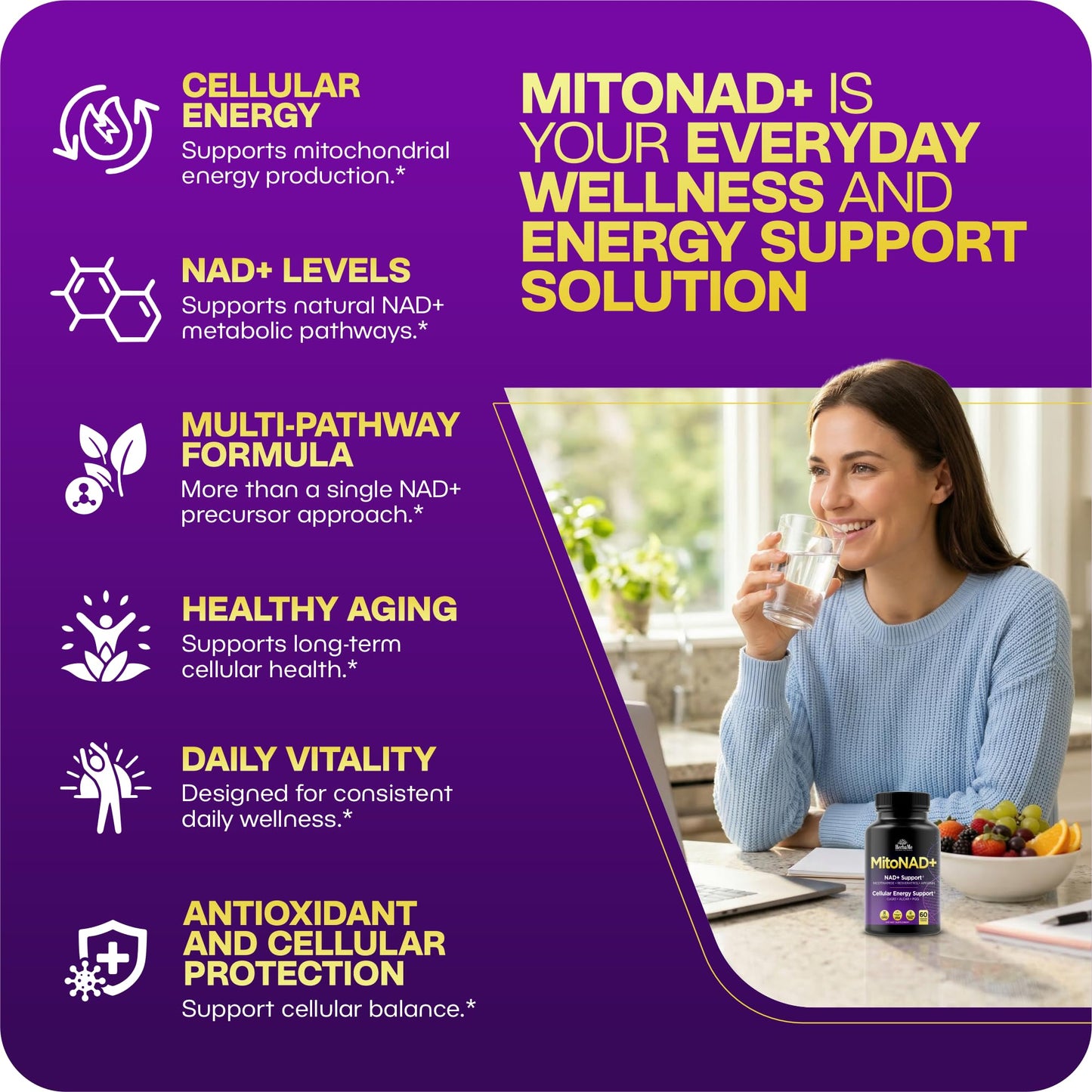 HerbaMe NAD+ Support Supplement, Multi-Pathway Cellular Energy Formula Capsule 60 Count