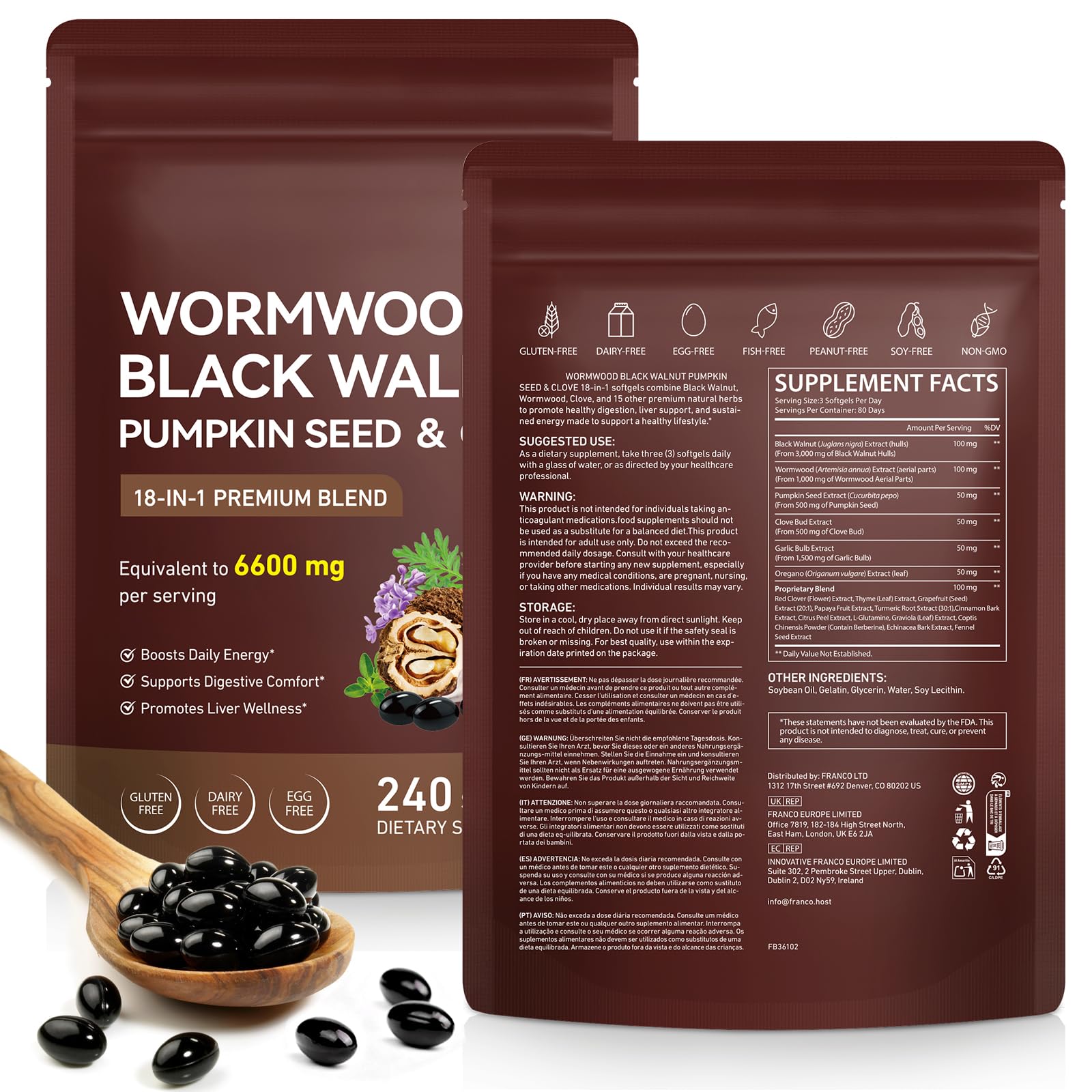 Maaoun Wormwood Black Walnut Clove Cleanse 18-in-1 Herbal Complex for Intestinal & Digestive Balance with Pumpkin Seed, Turmeric, Garlic, Oregano & Berberine, 240 Capsules