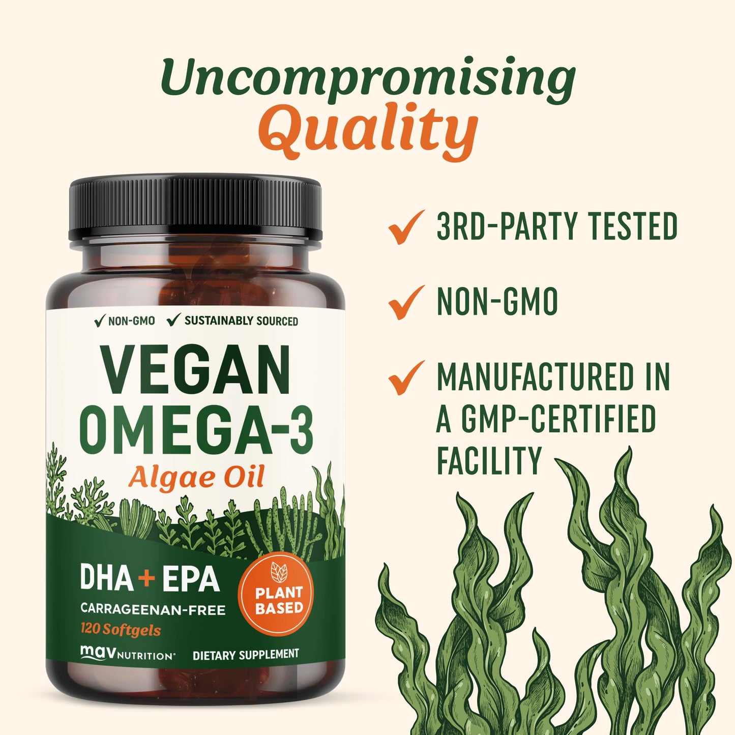MAV NUTRITION Vegan Omega 3 Algae Oil Plant Based DHA EPA Softgels 120