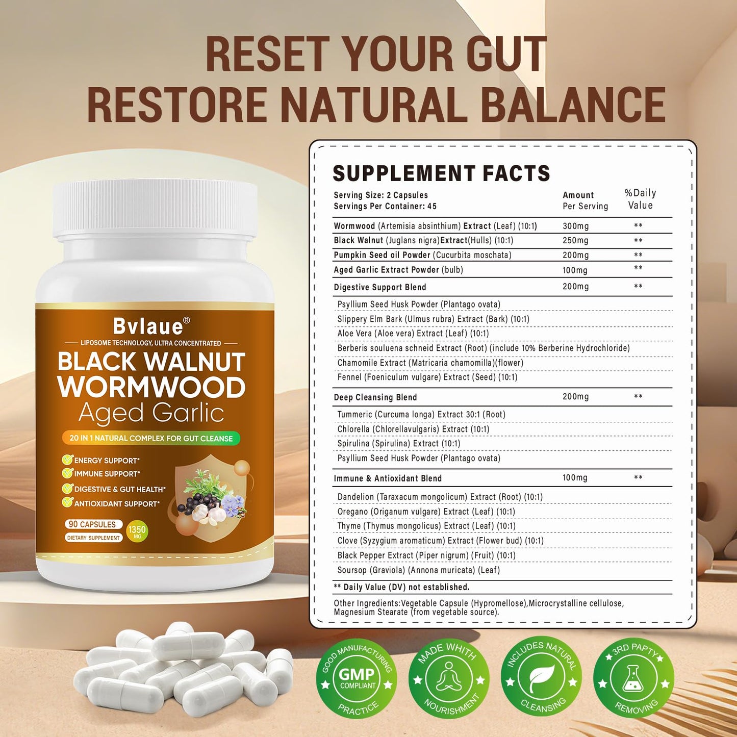 Bvlaue Wormwood Black Walnut Cleanse for Humans Plus+ Gut Cleanse/Detox & Digestive Health with Pumpkin Seed Oil, Old Garlic, Clove 10X Liposomal 98% Absorption Capsules 90 Count