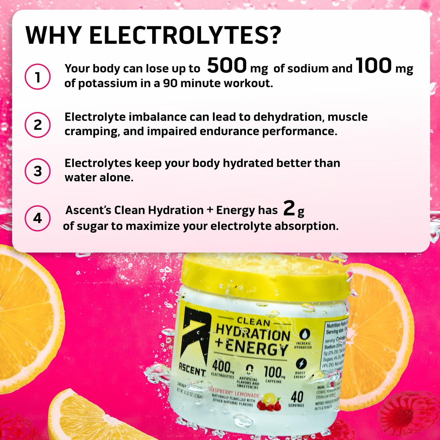 Ascent Clean Hydration + Energy Electrolytes Powder 8.32 Ounce, 40 Servings