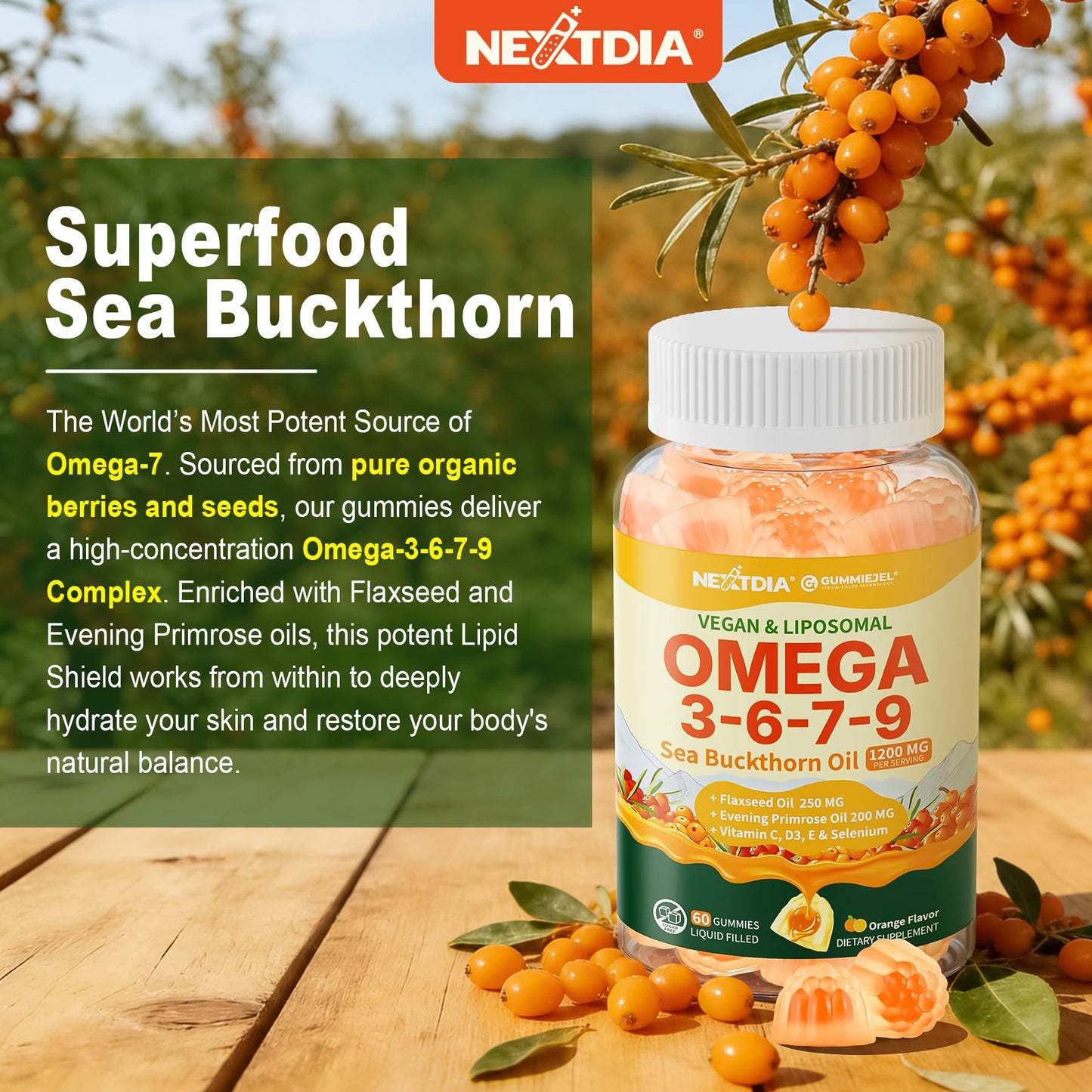 Nextdia Omega 3 6 7 9 Gummies Liposomal Sea Buckthorn Oil 1200mg No Sugar, 60 Count