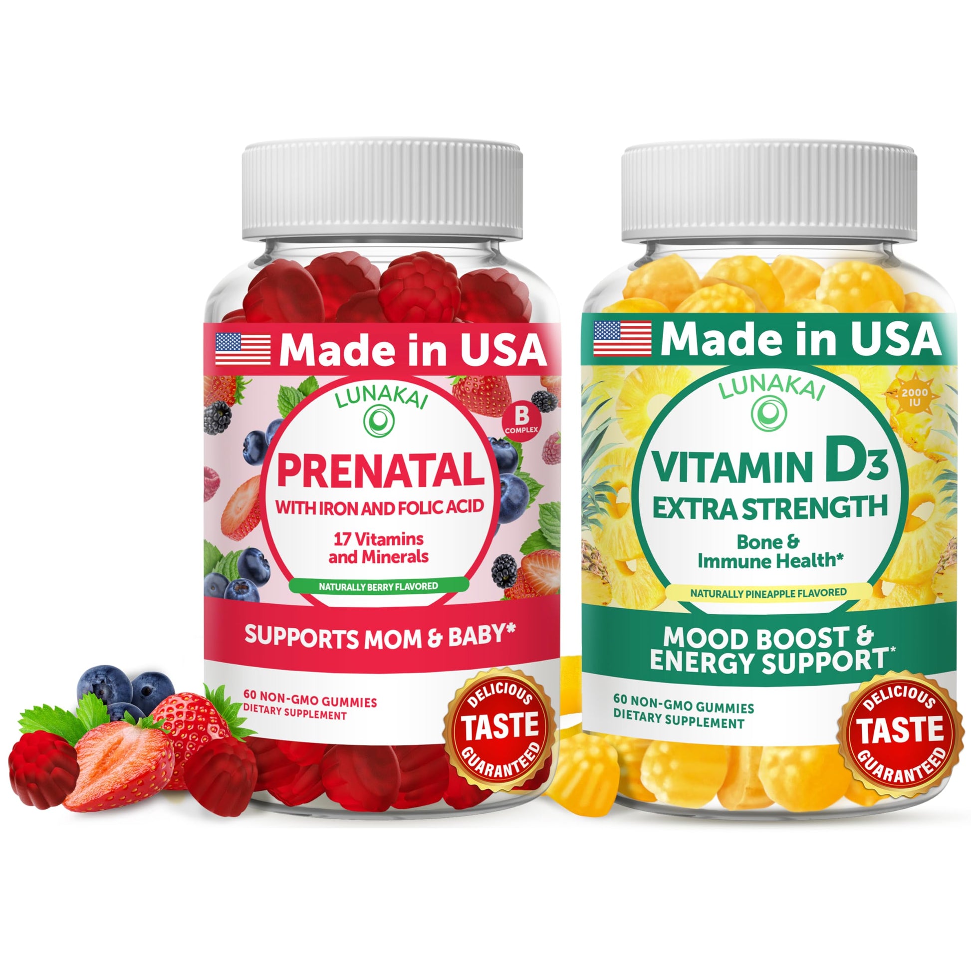 Lunakai 17-in-1 Prenatal Vitamins and Vitamin D3 Gummies Bundle, 120 Gummies