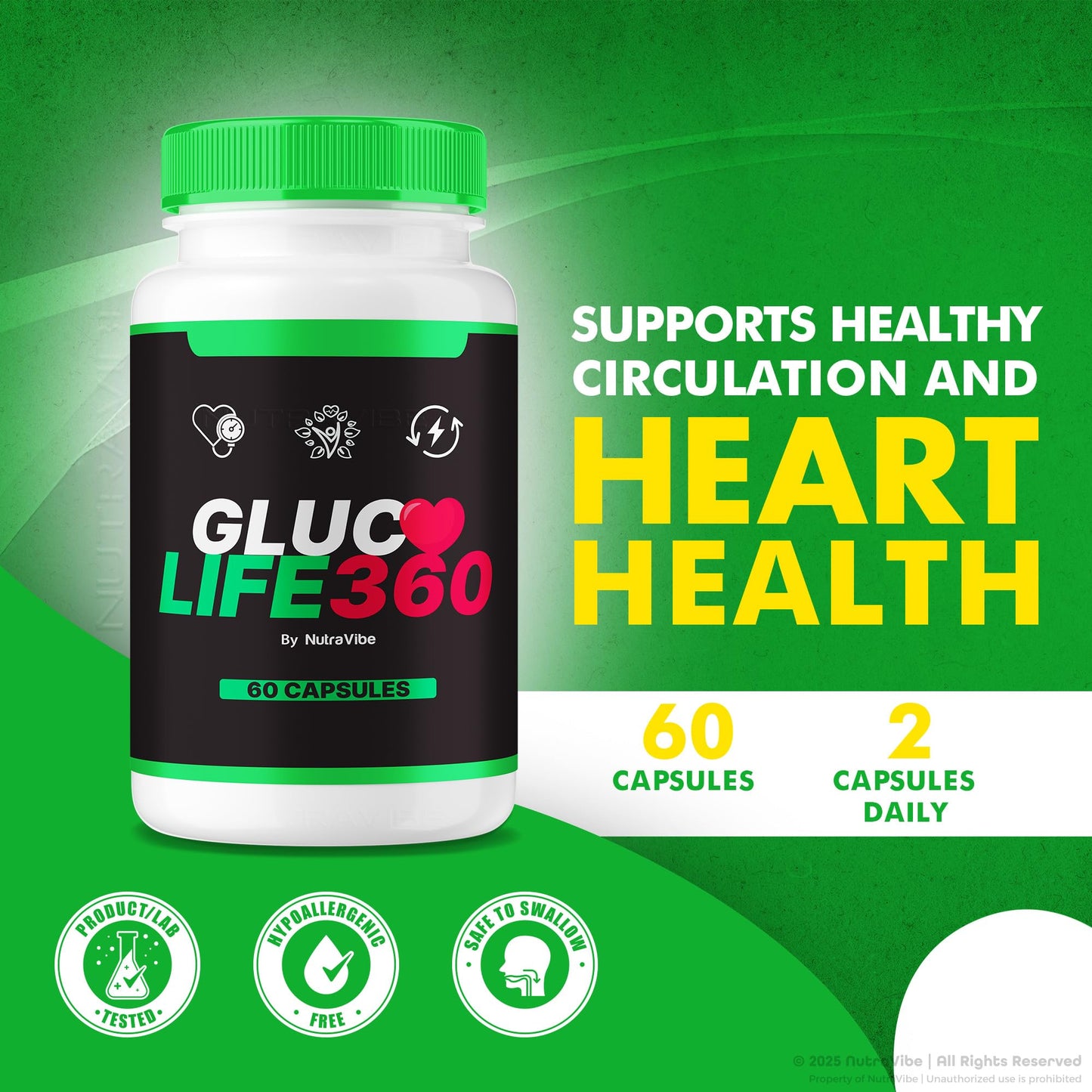 NutraVibe Gluco Life 360 Heart Wellness Support, 120 Capsules