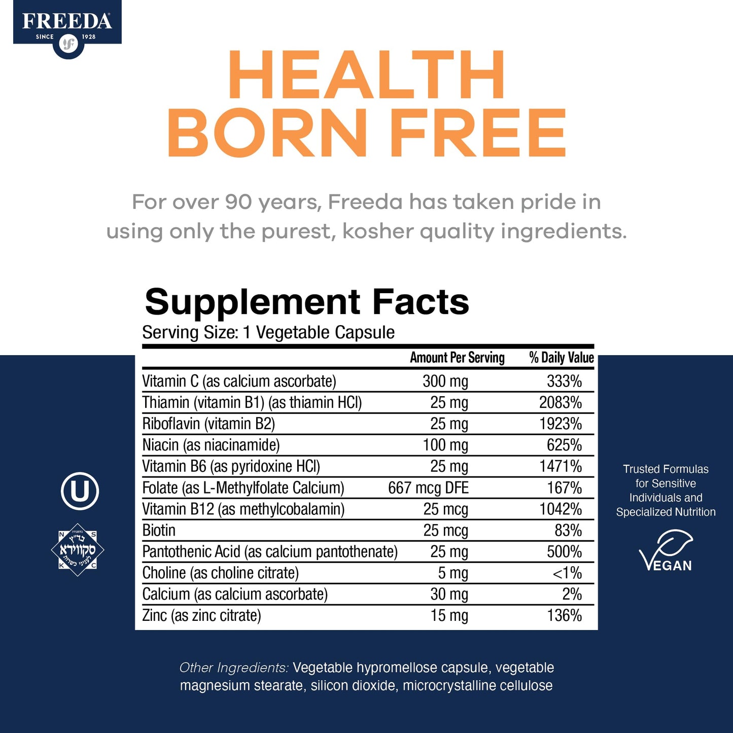 FREEDA Vitamin B Complex with Vitamin C & Zinc – Stress B Complex, Methylfolate & Active B12 + B1 B2 B3 B6 Biotin Choline – BComplex Vitamins for Women & Men – SCD Legal, Kosher, Vegan Capsules, 60 Count