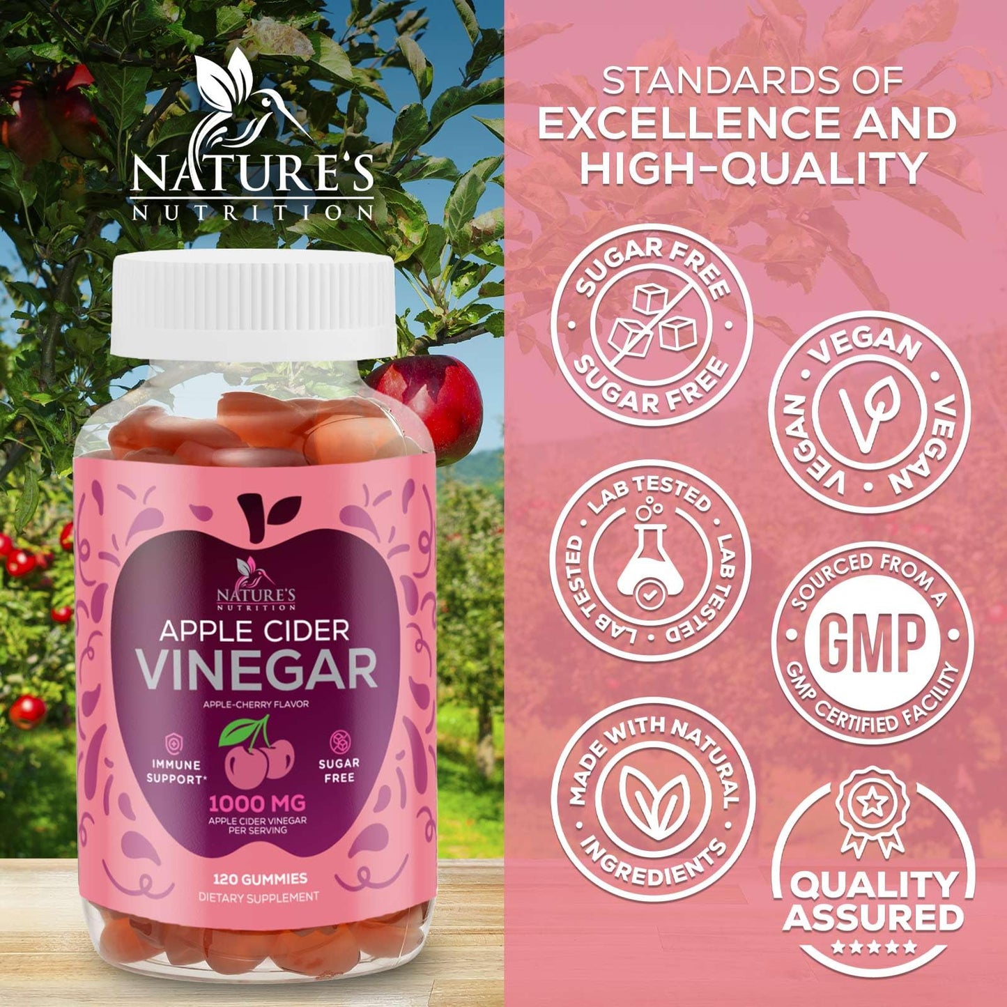 Nature's Nutrition Apple Cider Vinegar Gummies 1000mg Per Serving, 120 Gummies