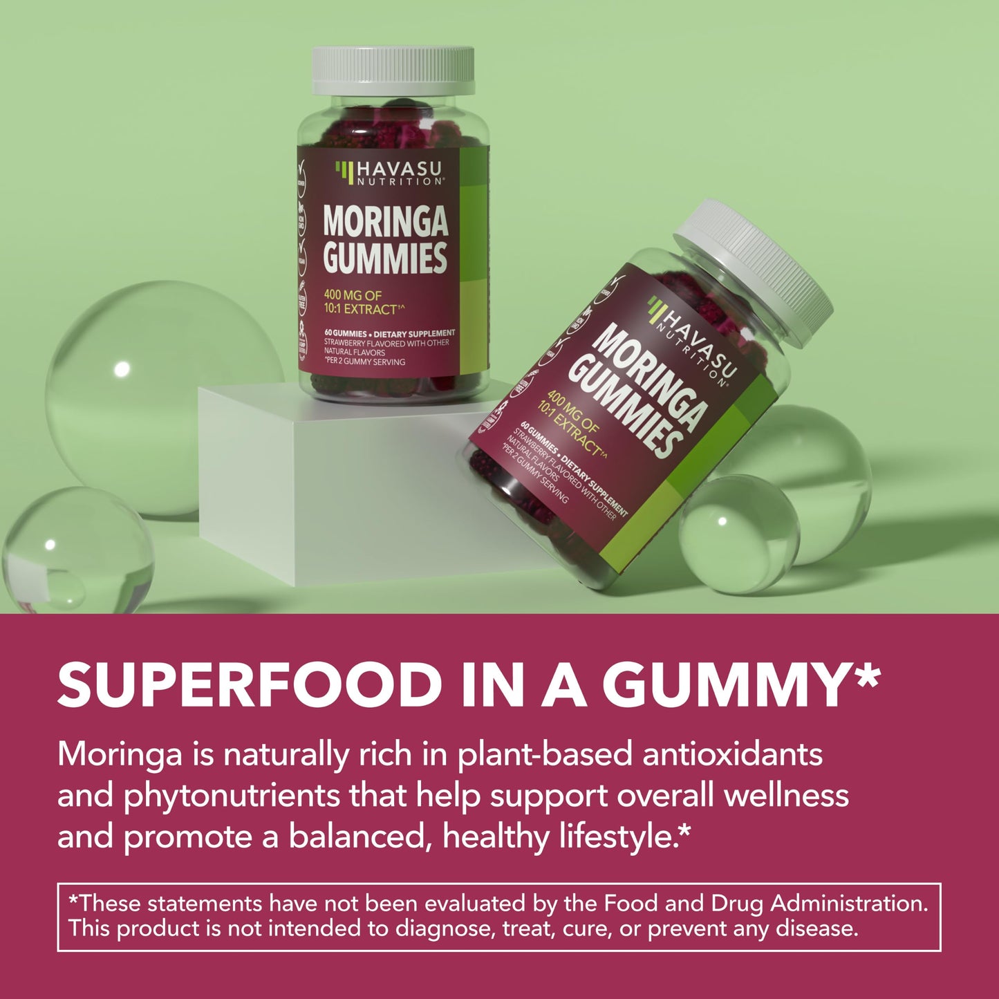 HAVASU NUTRITION Moringa Gummies 400mg Per Serving, Green Superfood Supplement, 60 Count