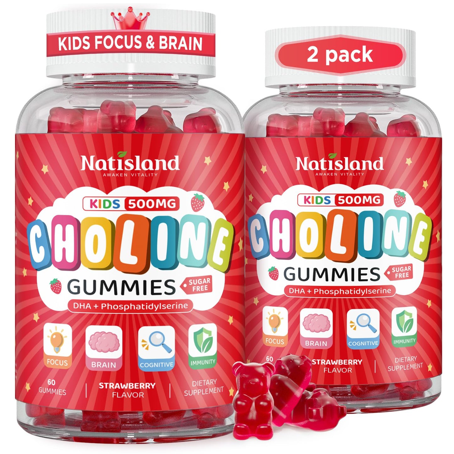 NATISLAND Choline Gummies 500mg with DHA, Phosphatidylserine for Brain Health, Focus, Immune Support, Sugar-Free, Vegan, Strawberry Flavor, 120 Gummies