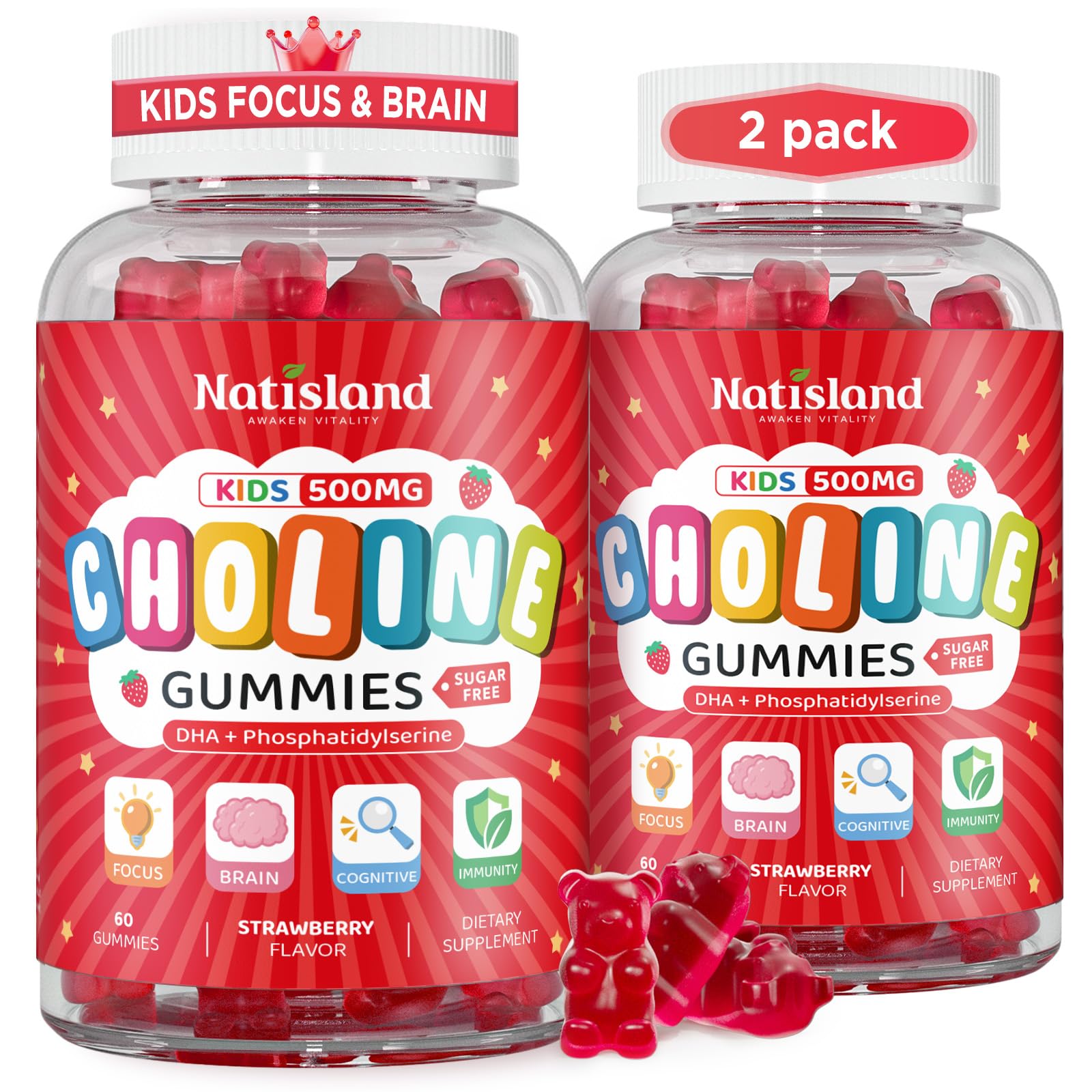 NATISLAND Choline Gummies 500mg with DHA, Phosphatidylserine for Brain Health, Focus, Immune Support, Sugar-Free, Vegan, Strawberry Flavor, 120 Gummies
