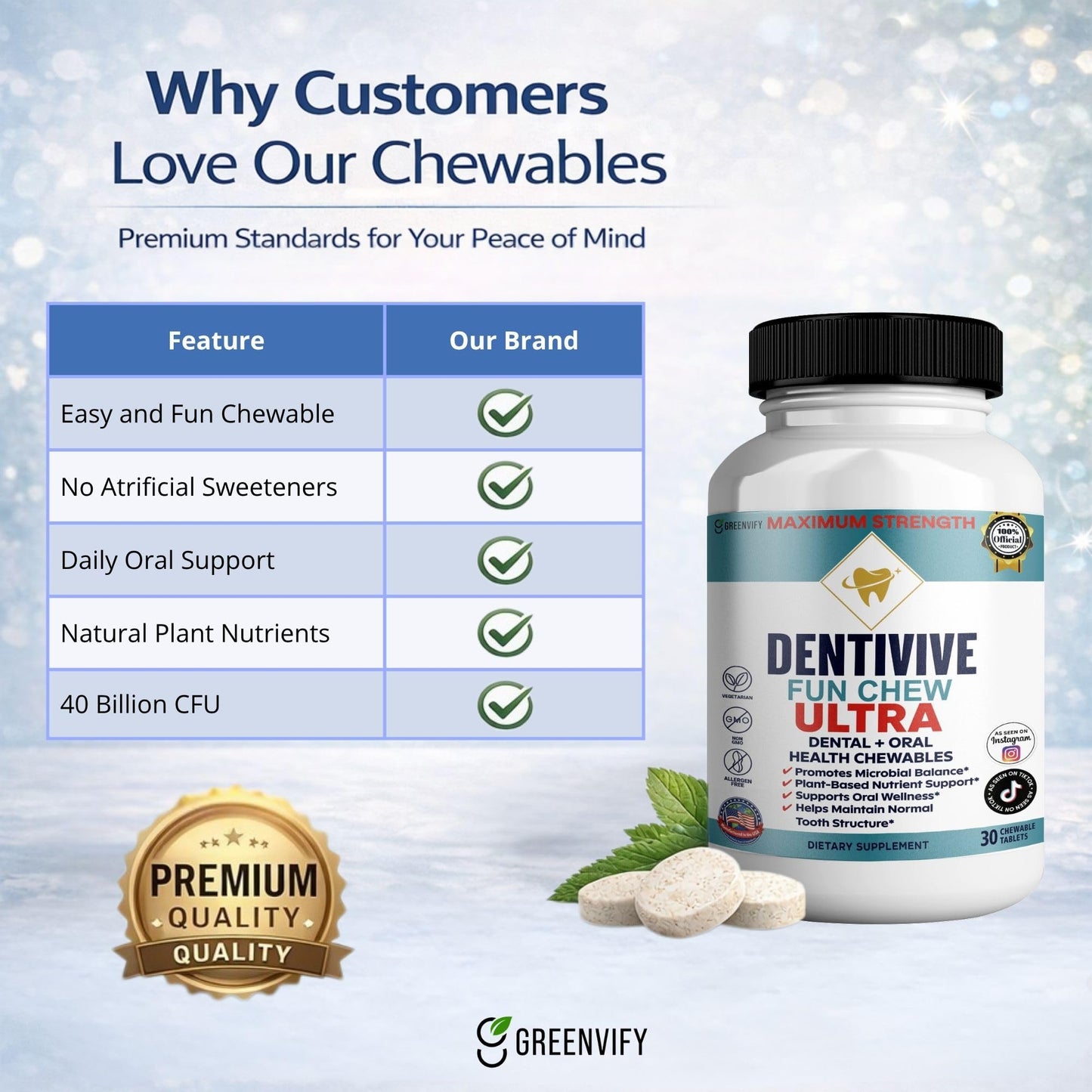 GREENVIFY DentiVive Fun Ultra Dental + Oral Health Chewables, 60 Capsules