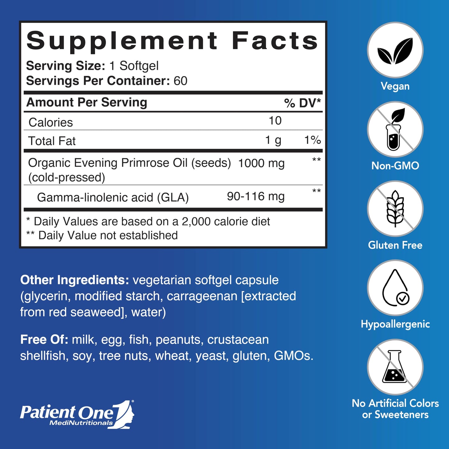 Patient One Evening Primrose Oil 1000mg Softgels, 60 Count