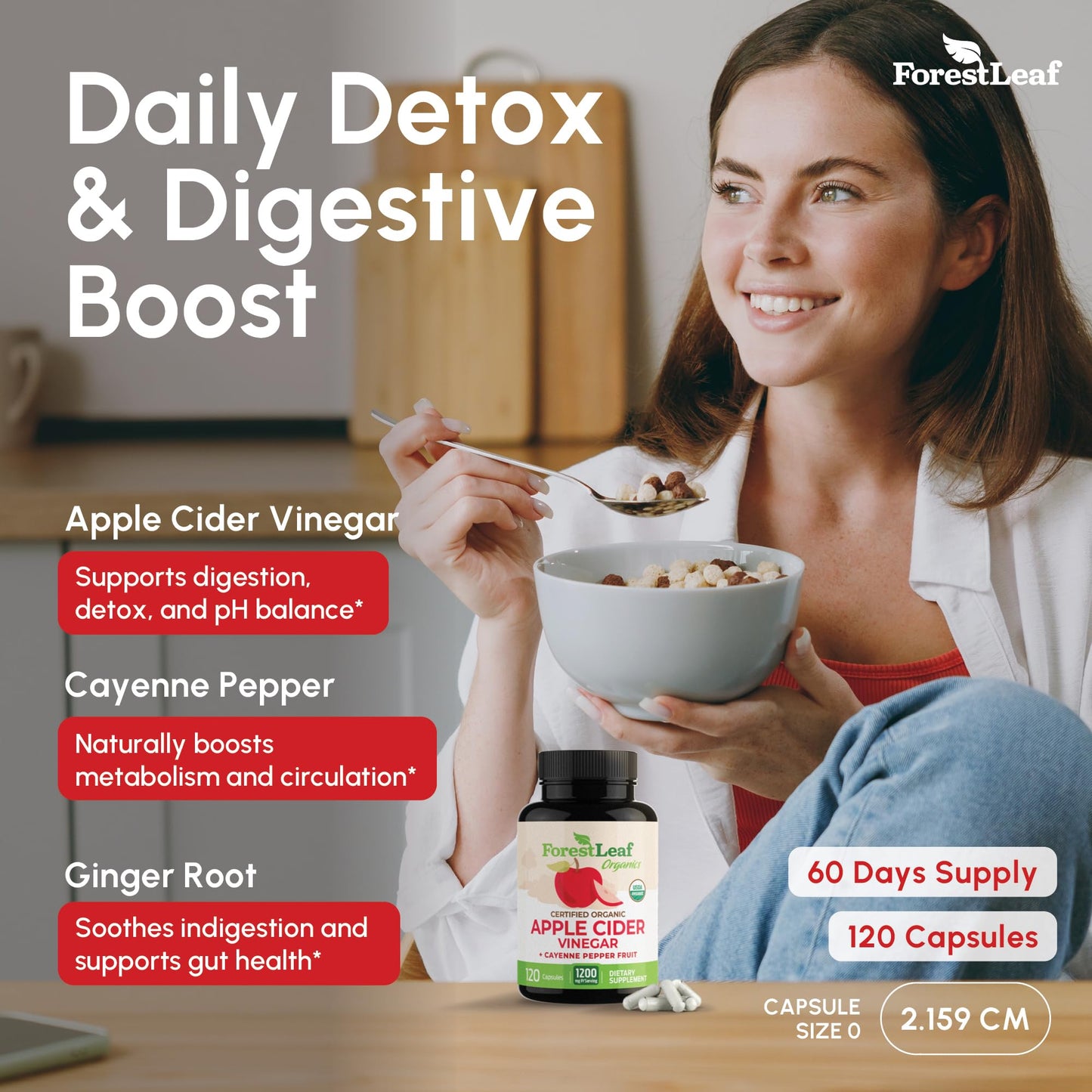 ForestLeaf USDA Organic Apple Cider Vinegar Capsules with Mother 1200 mg, 120 Capsules