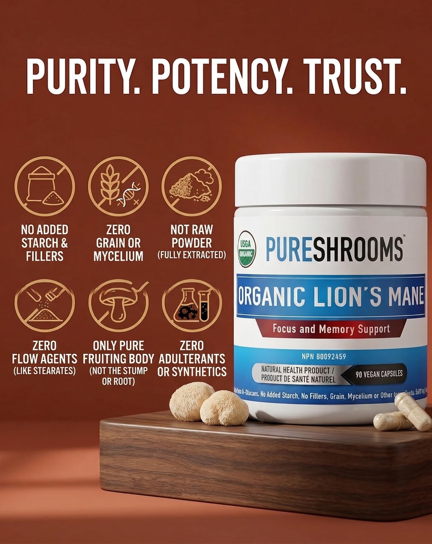 PureShrooms Organic Lion's Mane Mushrooms, 120 Capsules