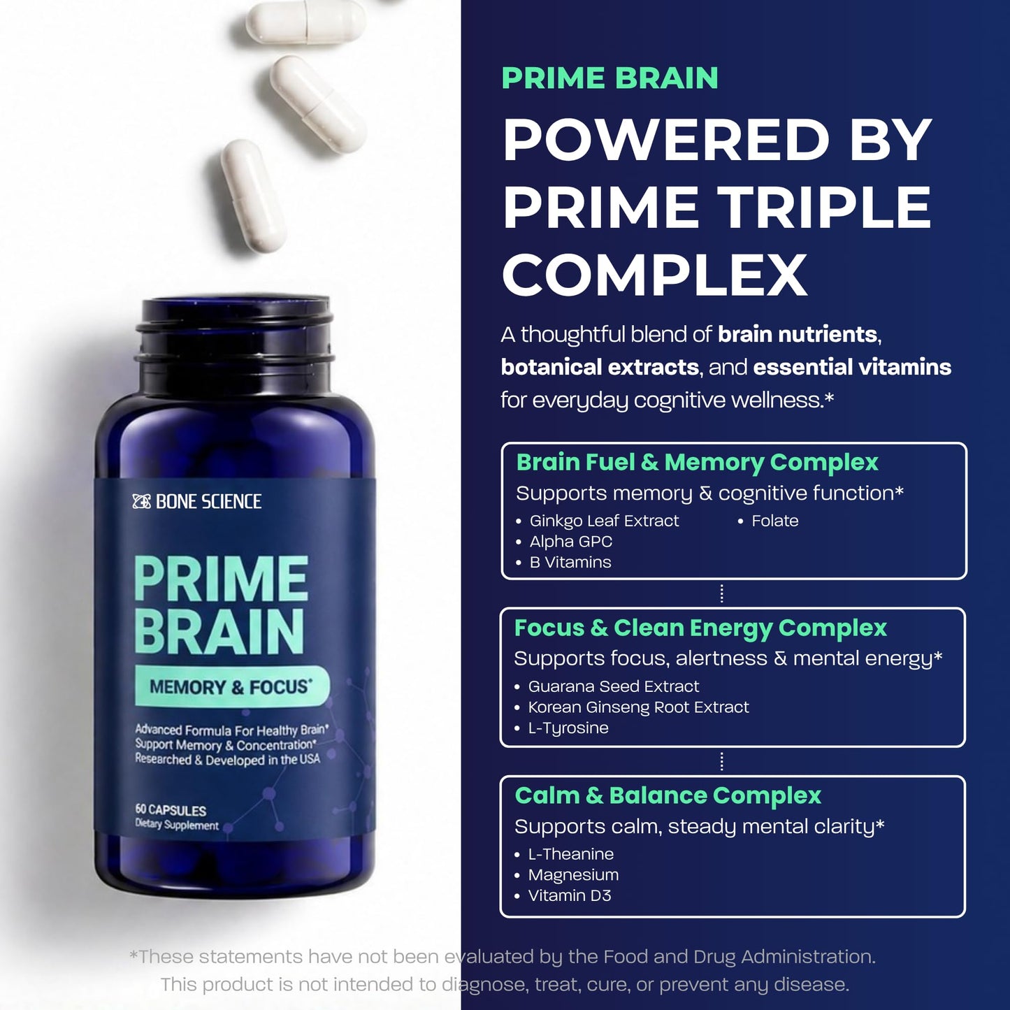 BONE SCIENCE Prime Brain Memory & Focus Support Supplement 60 Capsules