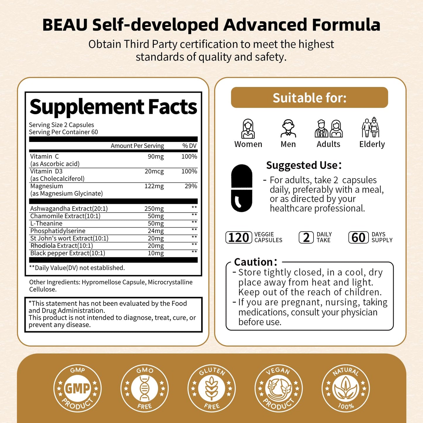 BBEEAAUU Cortisol Supplements for Women and Men, 10-in-1 Cortisol Reducer Manager Detox with Ashwagandha, Magnesium & L-Theanine, Lower High Cortisol Levels, Relaxation & Night Support, Non-GMO, 120 Capsules